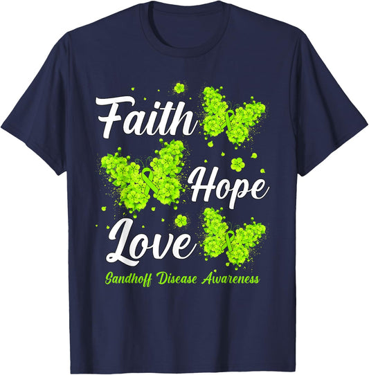 Faith Hope Love Sandhoff Disease Awareness Butterfly T-Shirt - T-Shirt | Navy