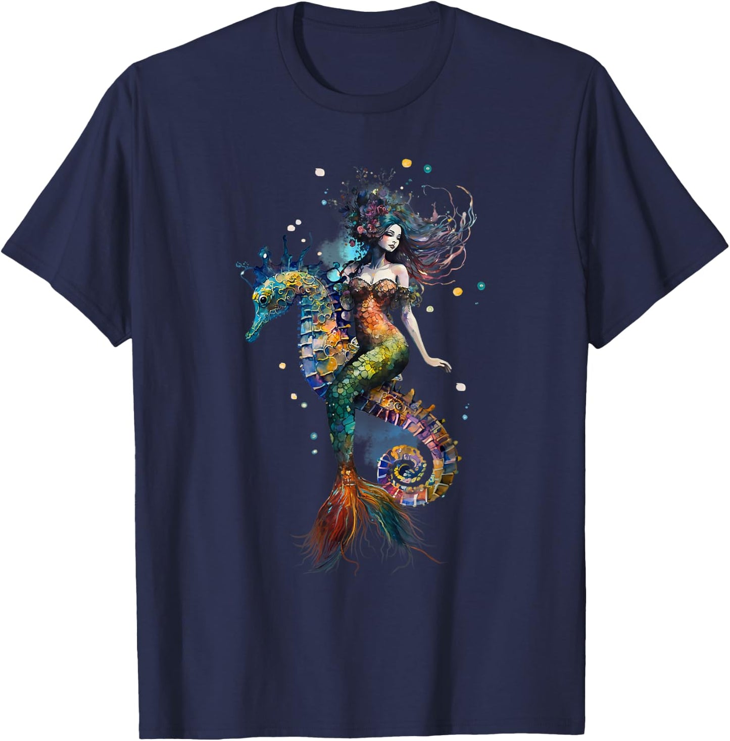 Mermaid Riding Seahorse Fantasy Ocean Mythical Creature T-Shirt - T-Shirt | Navy