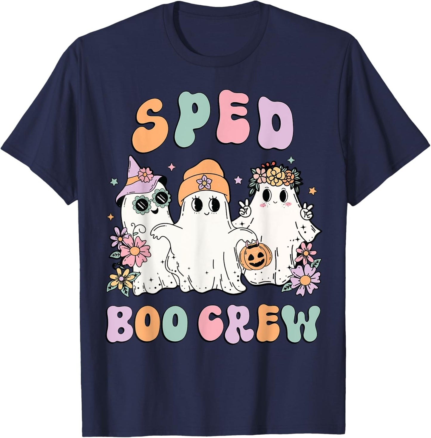 SPED Boo Crew Halloween Floral Ghost Special Ed SPED Teacher Women Kids T-Shirt - T-Shirt | Navy