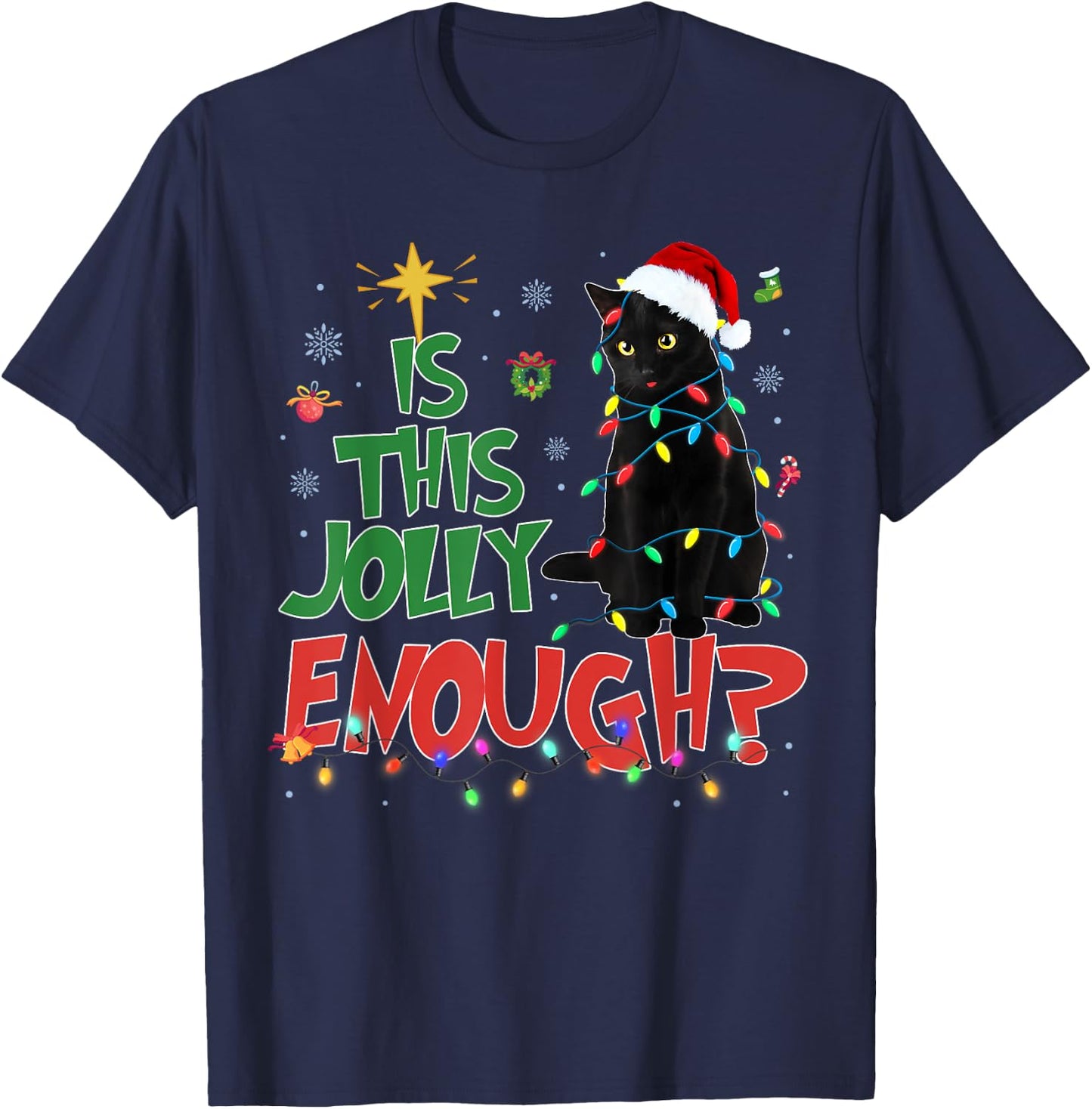 Is This Jolly Enough Black Cat Merry Christmas Tree Lights T-Shirt - T-Shirt | Navy