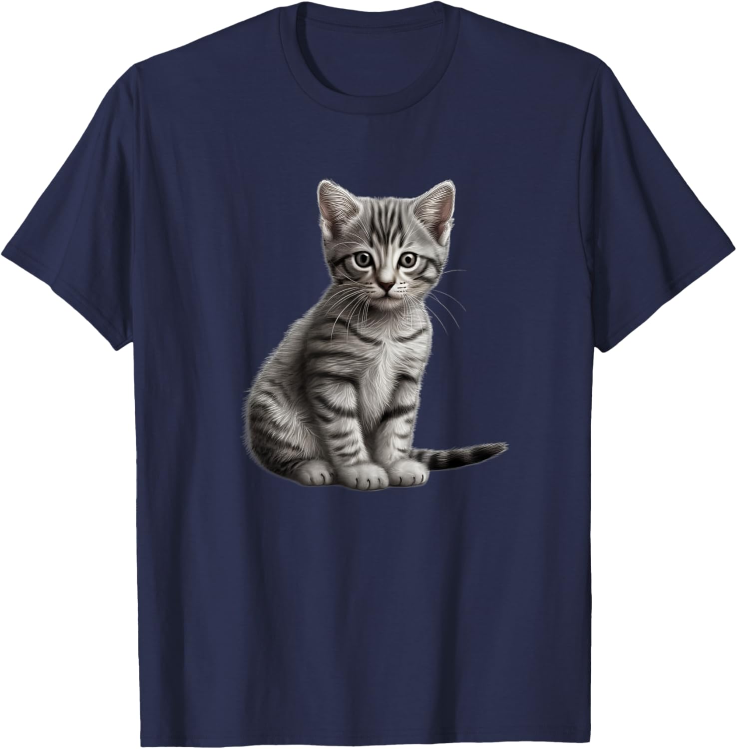 Grey Tabby Cat : Women's Cat-Themed Kids , Black, Small, Short Sleeve, Classic Fit, , Cute, Spring, Summer T-Shirt - T-Shirt | Navy