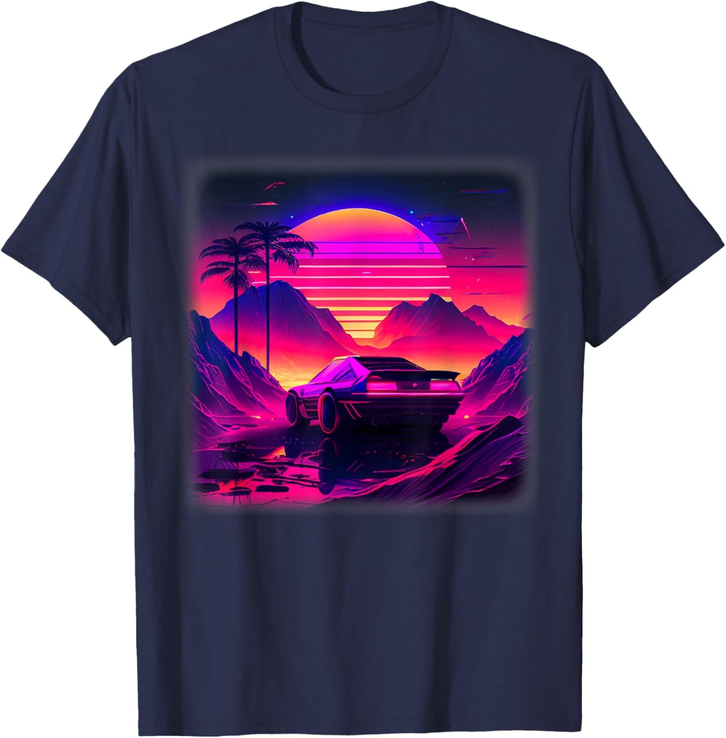 Synthwave Vaporwave Sunset Palm Trees 80s 90s Illustration T-Shirt - T-Shirt | Navy