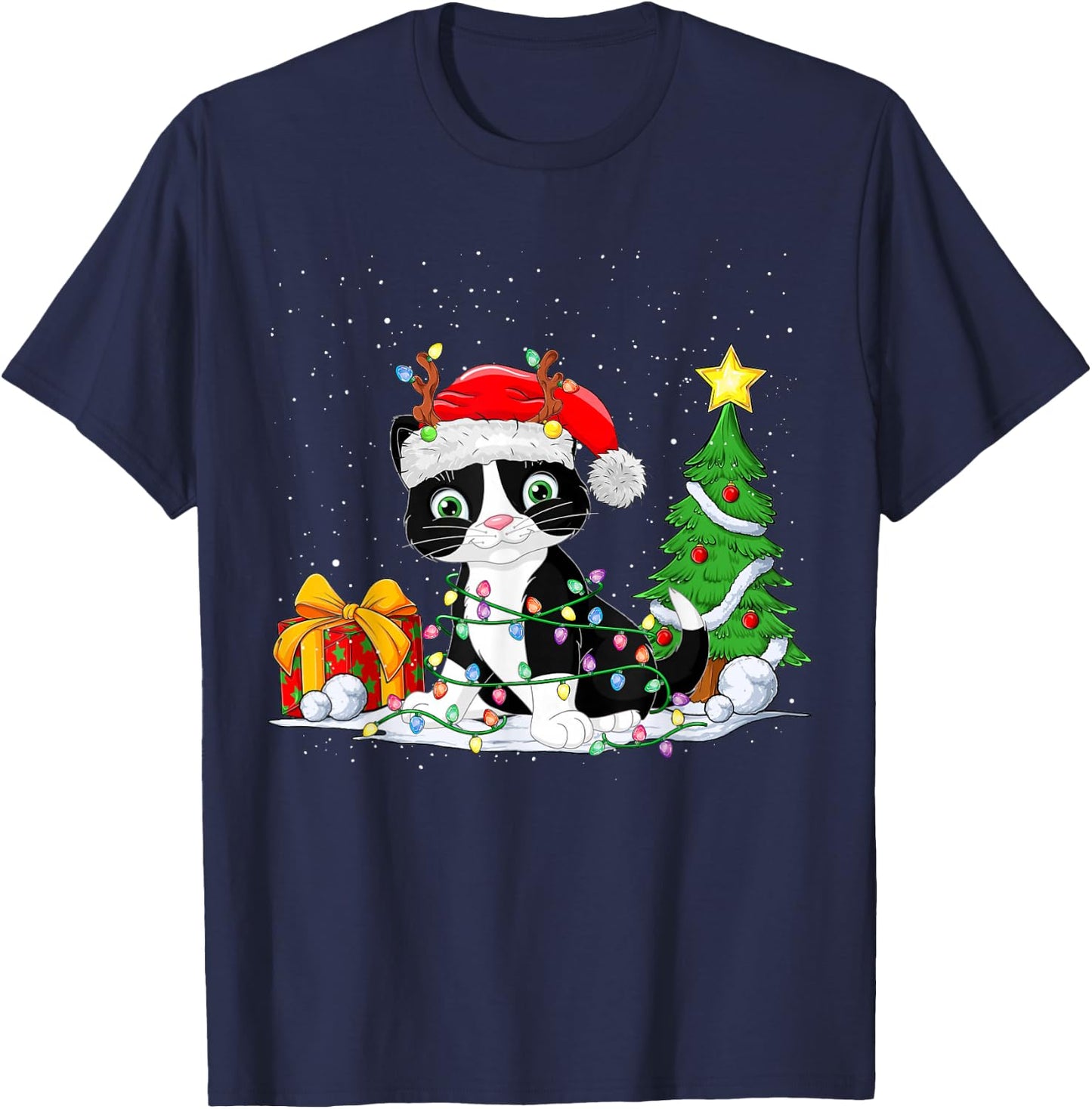 Cute Tuxedo Cat Santa Christmas Tree Lights Xmas Tuxedo Cat T-Shirt - T-Shirt | Navy