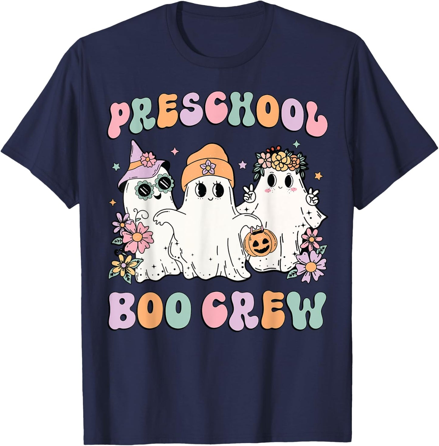 Preschool Boo Crew Groovy Halloween Floral Ghost Teacher Men Women Kids T-Shirt - T-Shirt | Navy