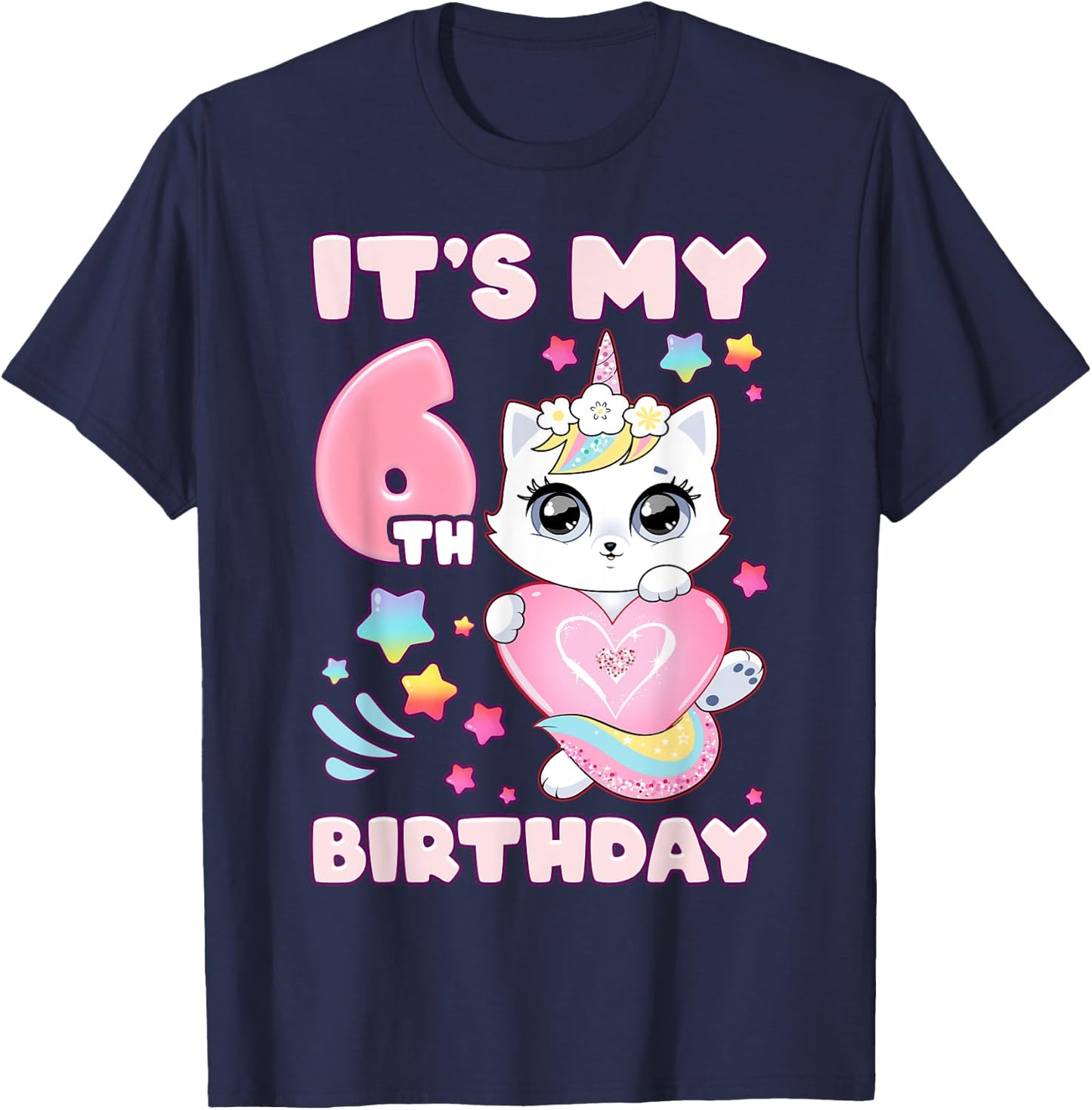 Birthday girl 6 years old, cat, unicorn, 6th birthday T-Shirt - T-Shirt | Navy