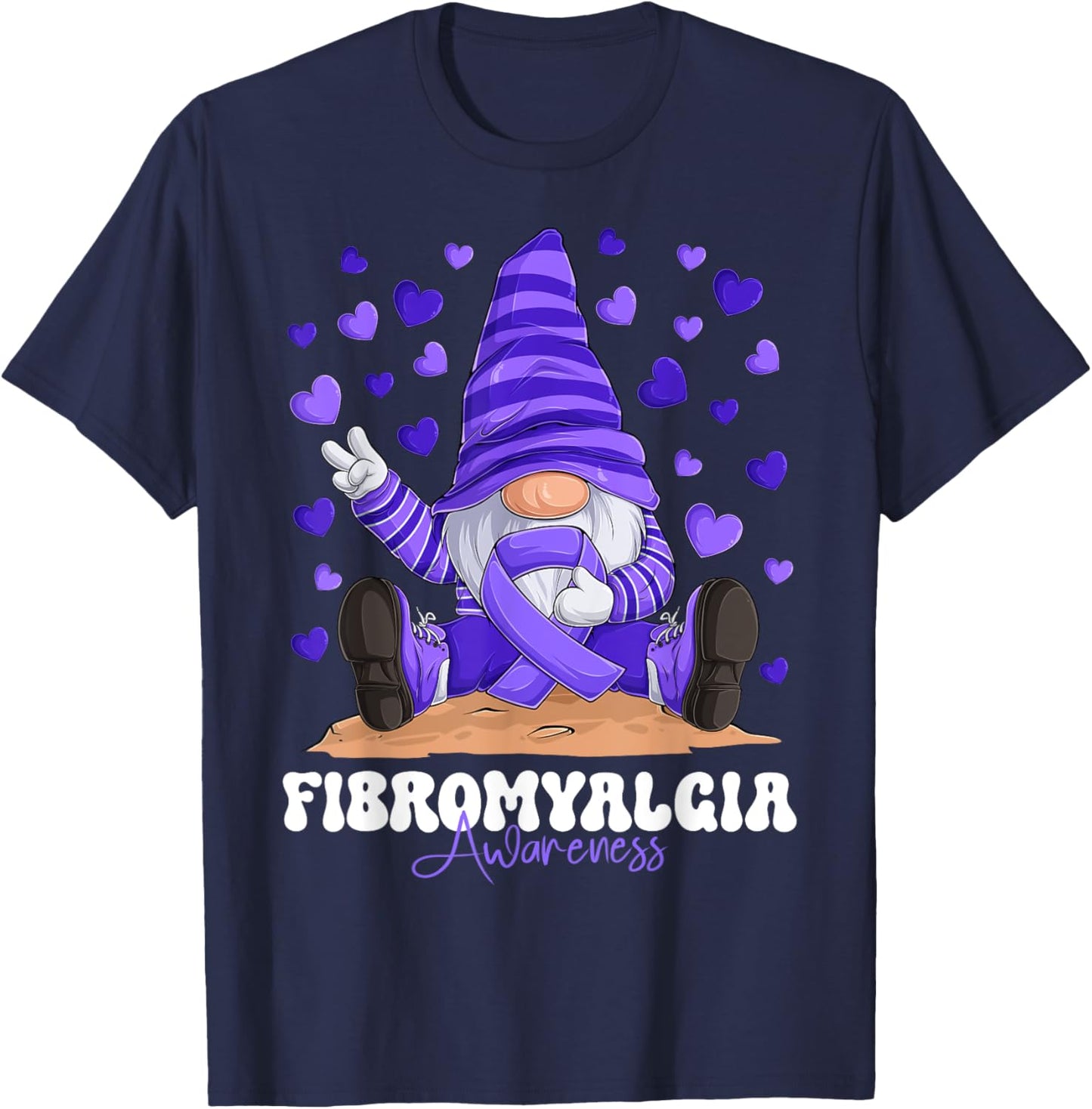 Fibromyalgia Awareness Month Purple Ribbon Gnome T-Shirt - T-Shirt | Navy
