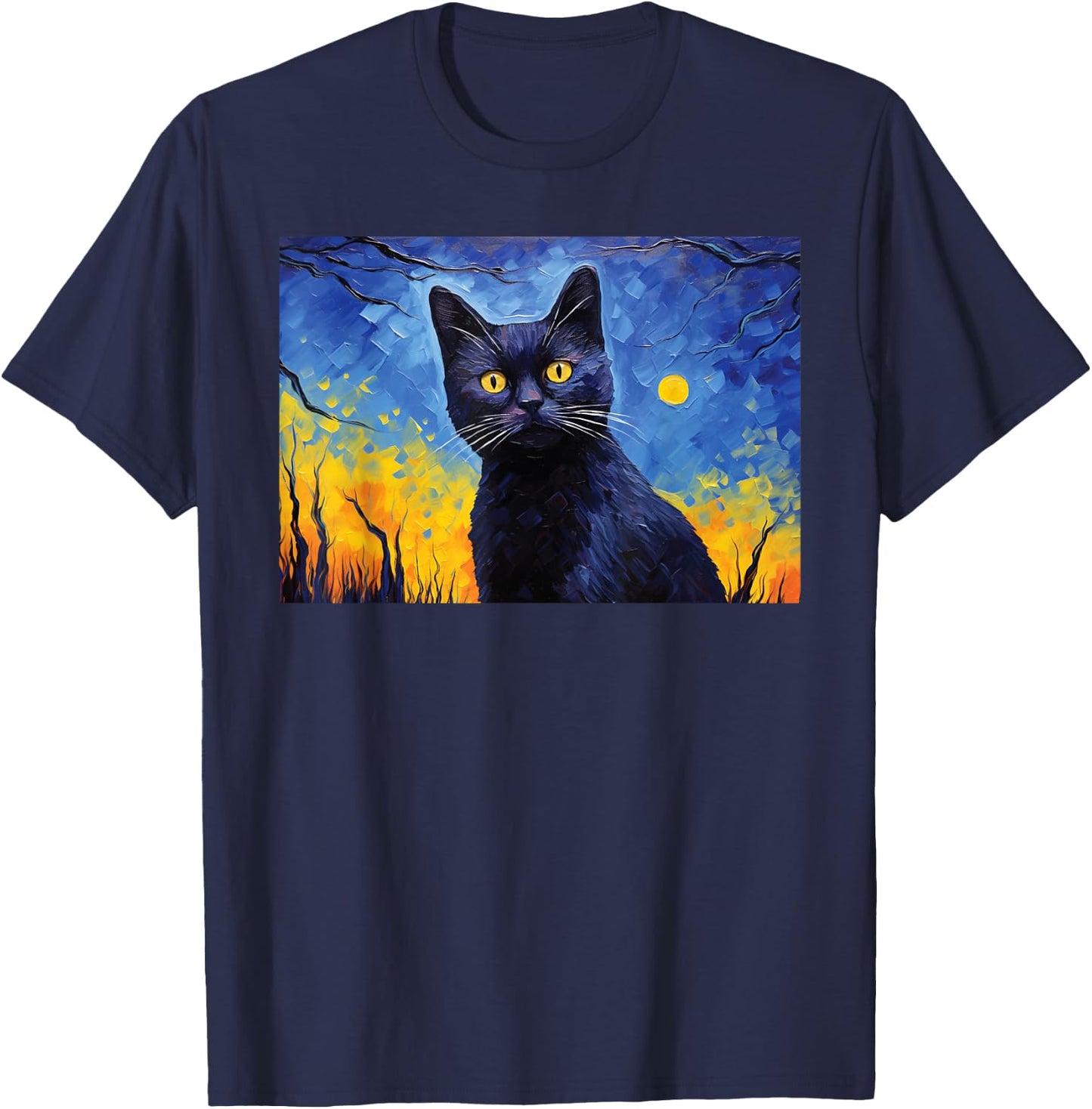 black cat Painting art Starry Night kitty kitten Van Gogh Men Women Kids T-Shirt - T-Shirt | Navy