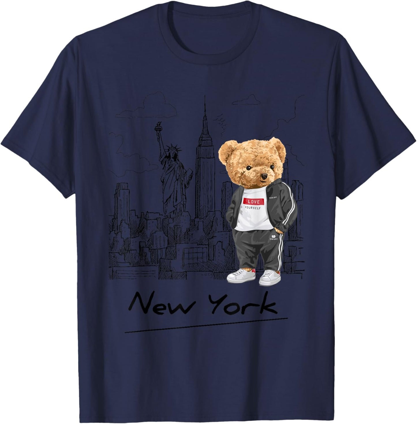 Cool New York City Teddy Bear Illustration Graphic Designs T-Shirt - T-Shirt | Navy
