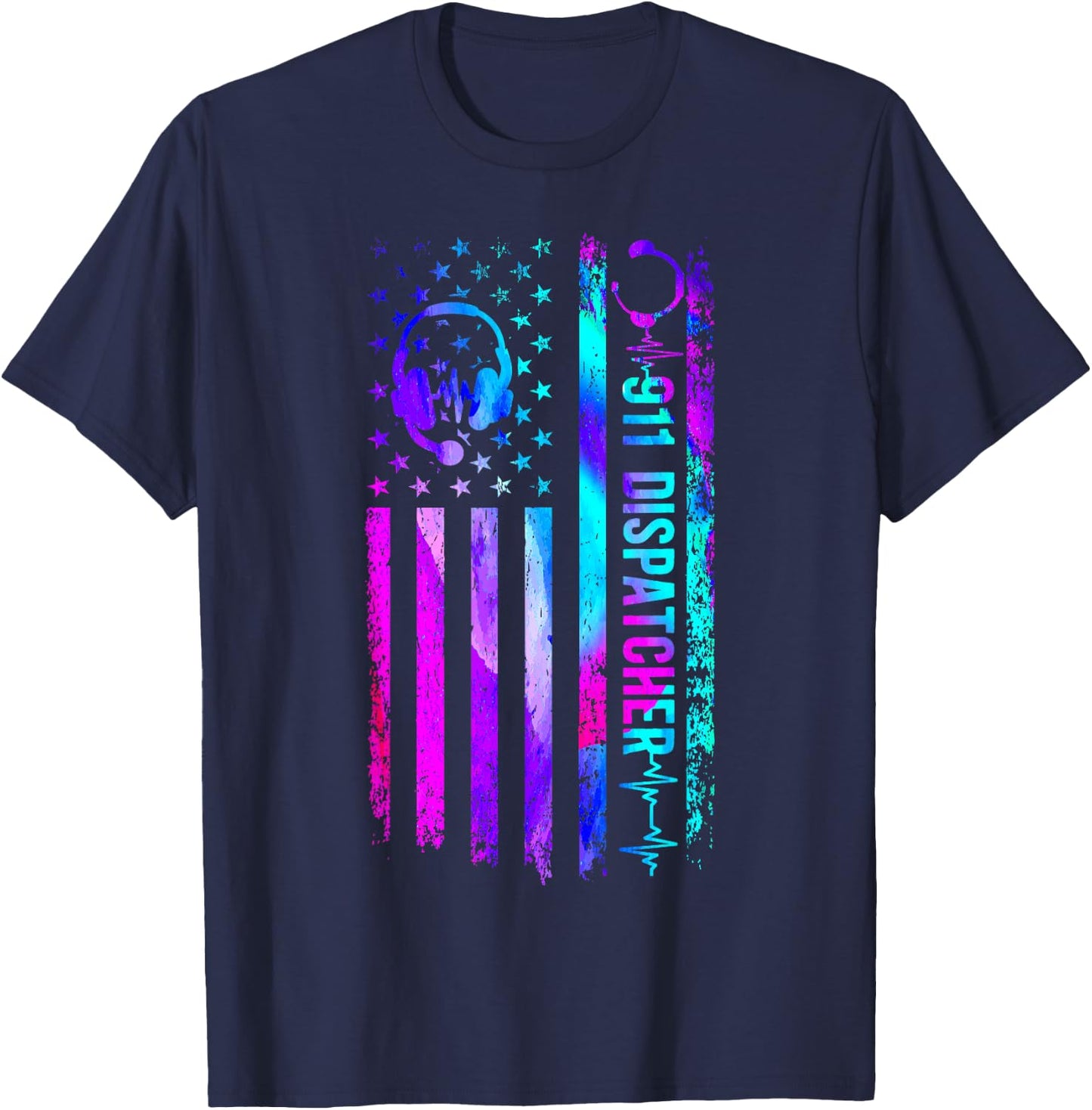 911 Dispatcher Thin Gold Yellow Line American Flag 911 T-Shirt - T-Shirt | Navy