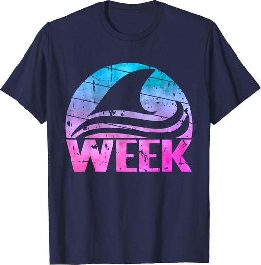 Retro Shark Fin Week 2024 Shark Lover Ocean Wildlife Tie Dye T-Shirt - T-Shirt | Navy