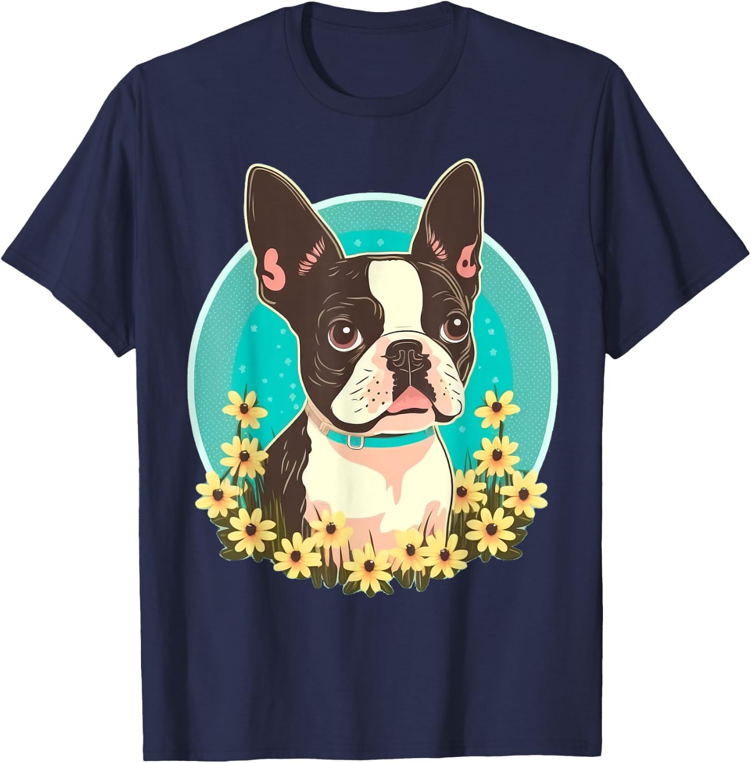 Cute Boston Terrier Dog on Boston Terrier Lover T-Shirt - T-Shirt | Navy