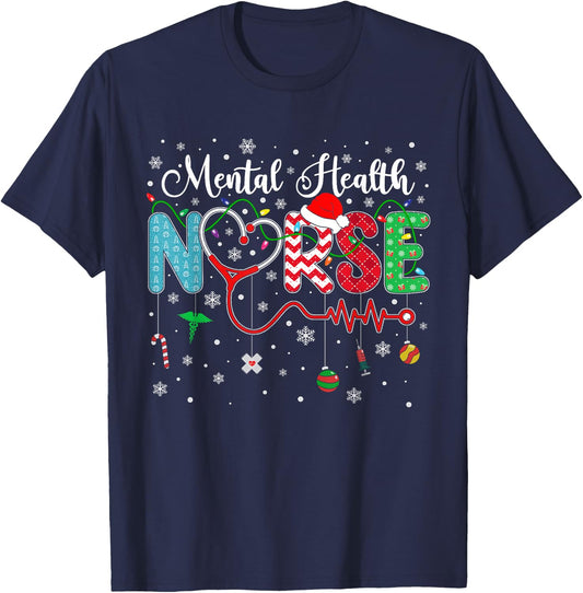 Merry Christmas Nurse Mental Health Nurse Christmas Pattern T-Shirt - T-Shirt | Navy