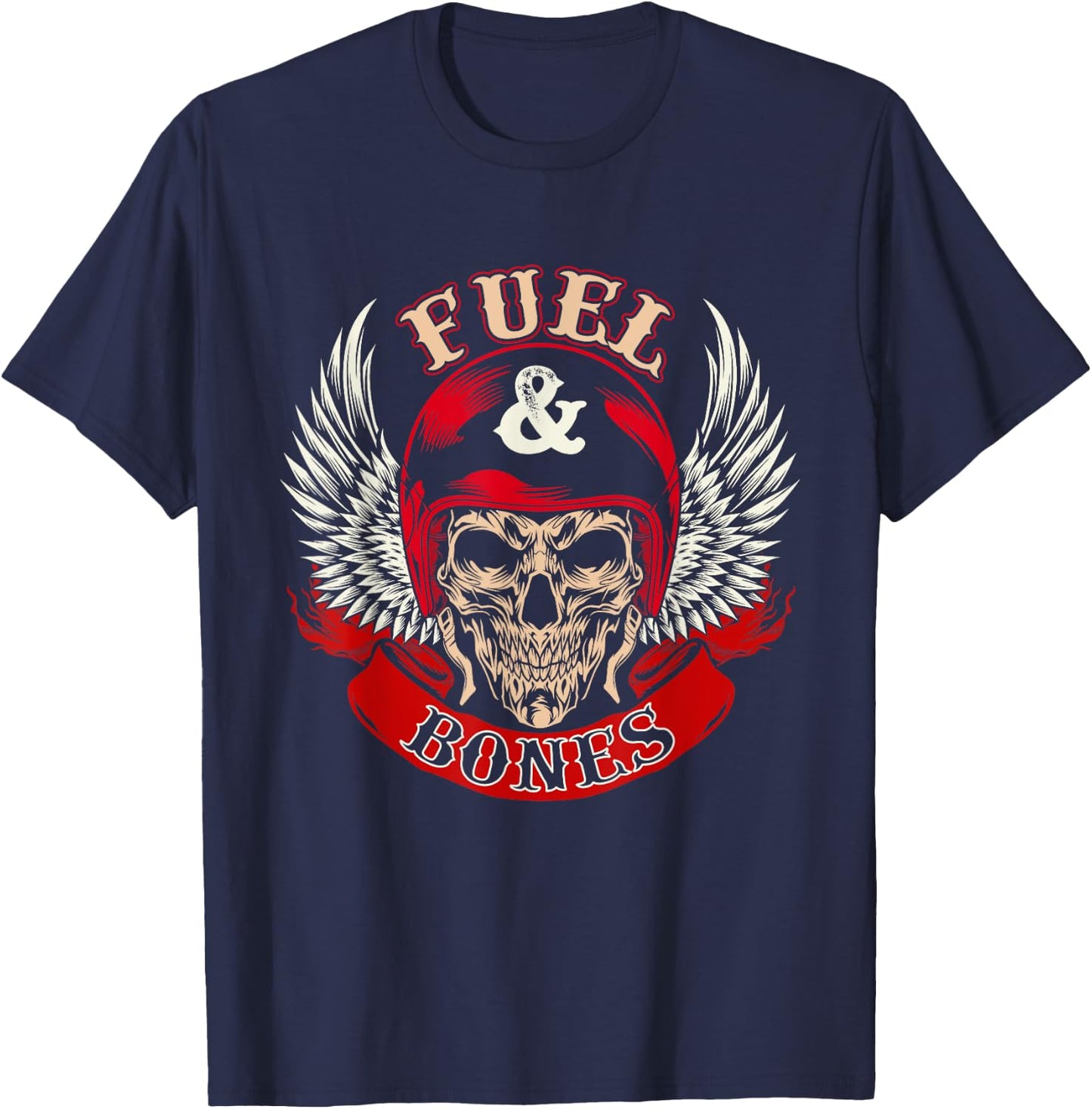 Fuel & Bones - Skull Biker Motorcycle Rider Motorbike Riding T-Shirt - T-Shirt | Navy