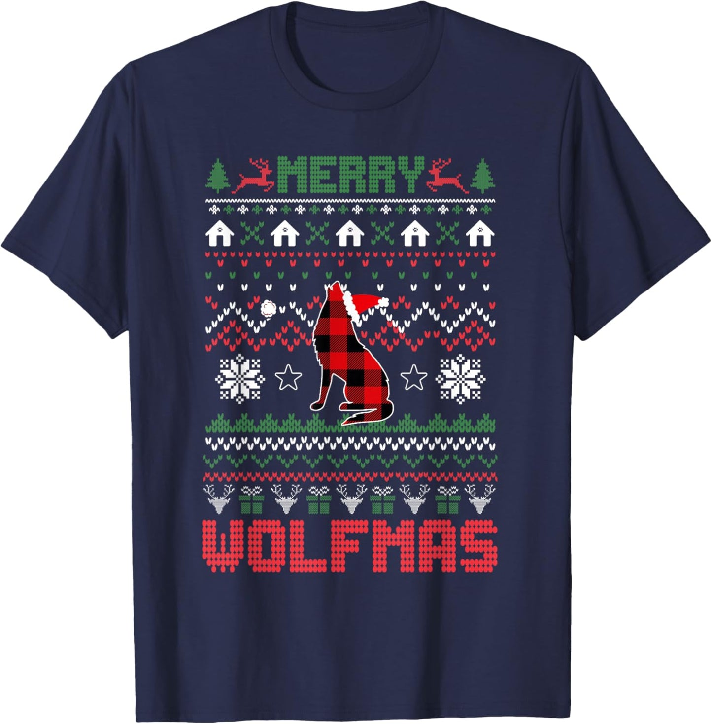 Funny Merry Wolfmas Ugly Christmas Sweater wolf Red Plaid T-Shirt - T-Shirt | Navy