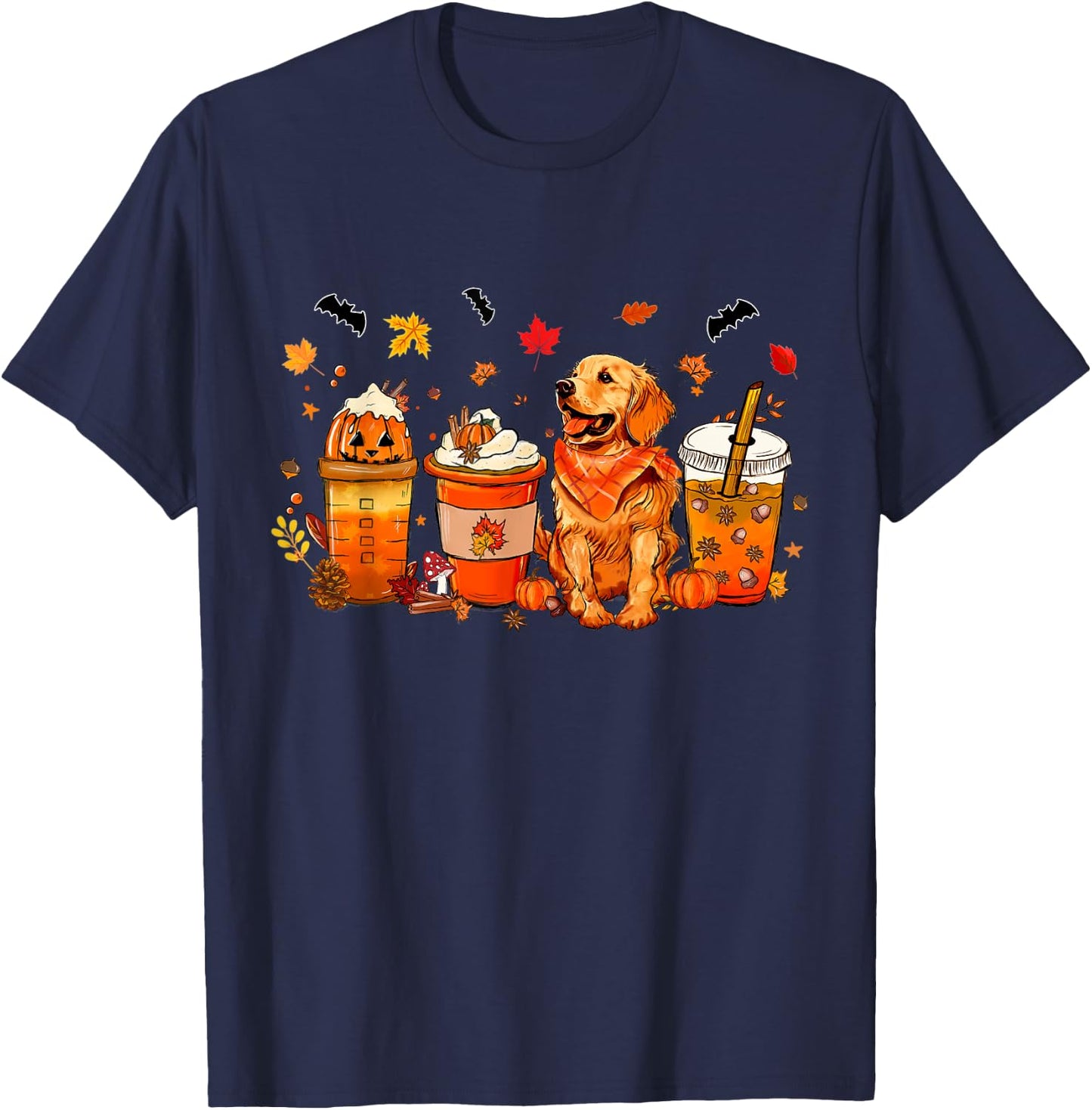 Golden Retriever Pumpkin Spice Coffee Latte Warm Fall Autumn T-Shirt - T-Shirt | Navy