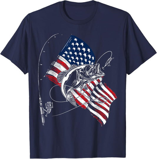 Fishing American Flag 4th Of July Fisherman Bass T-Shirt - T-Shirt | Navy