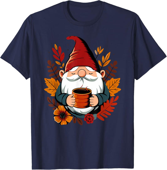 Fall Gnome with coffee cup T-Shirt - T-Shirt | Navy