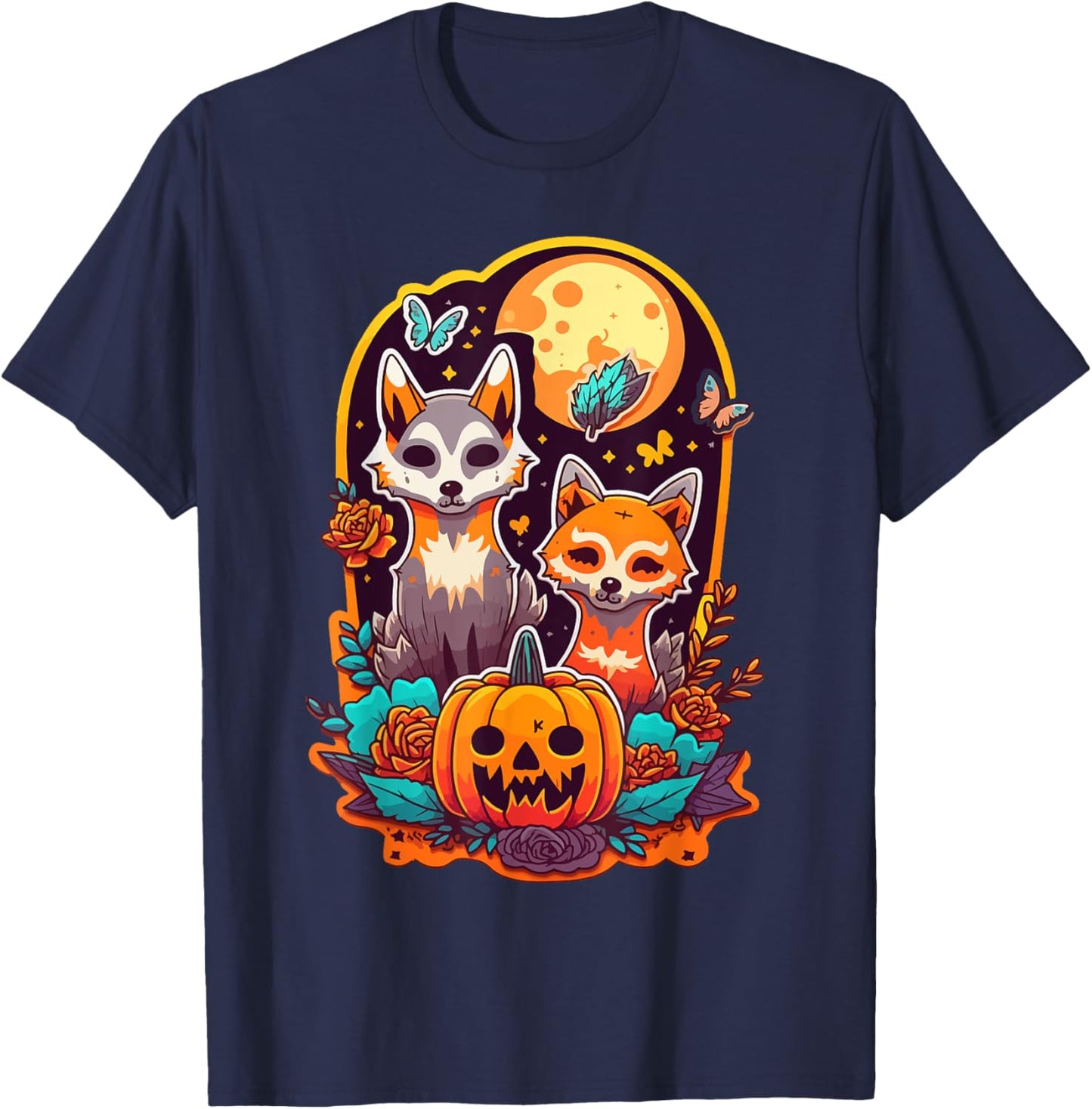 Sugar Skull Wolf Fox Cute Trick-or-treat Anime Halloween T-Shirt - T-Shirt | Navy