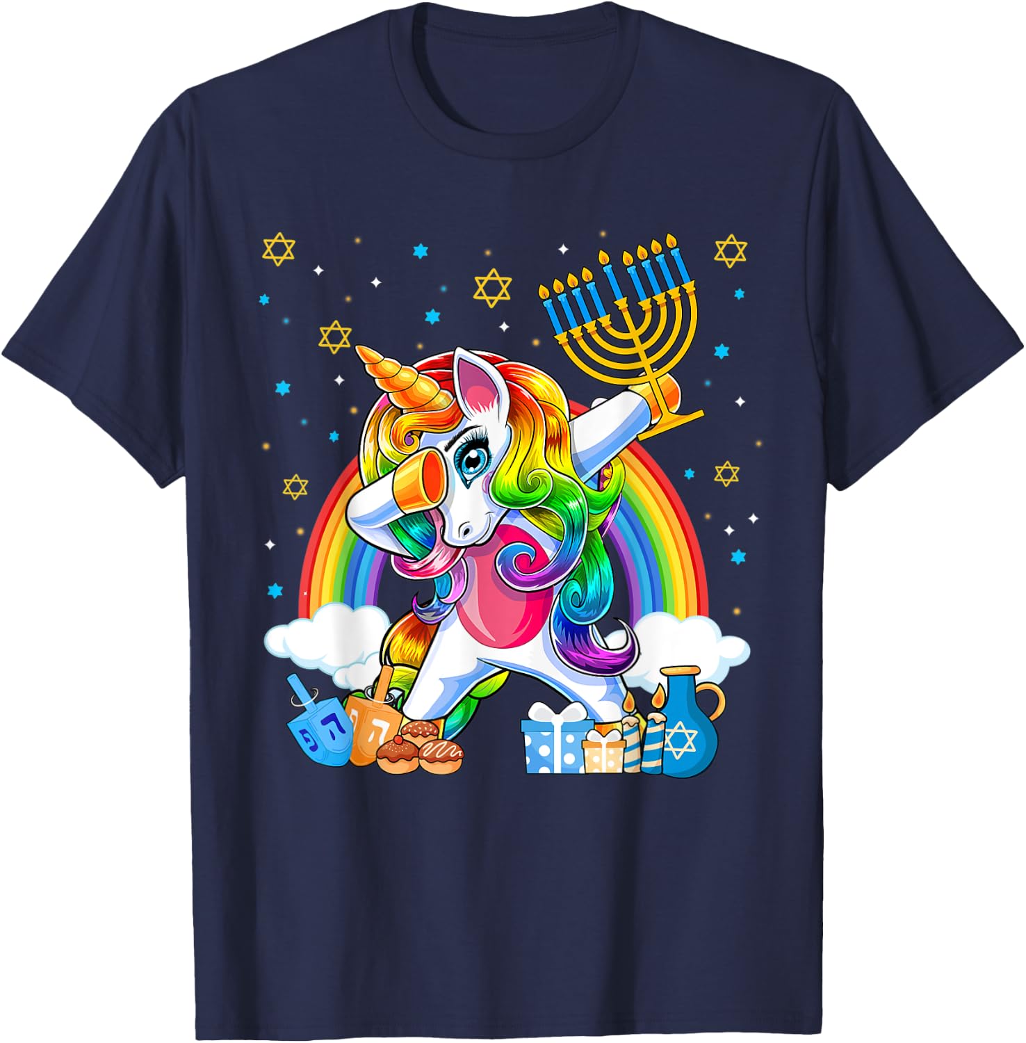 Happy Hanukkah Dabbing Unicorn Girls Chanukah Jewish T-Shirt - T-Shirt | Navy