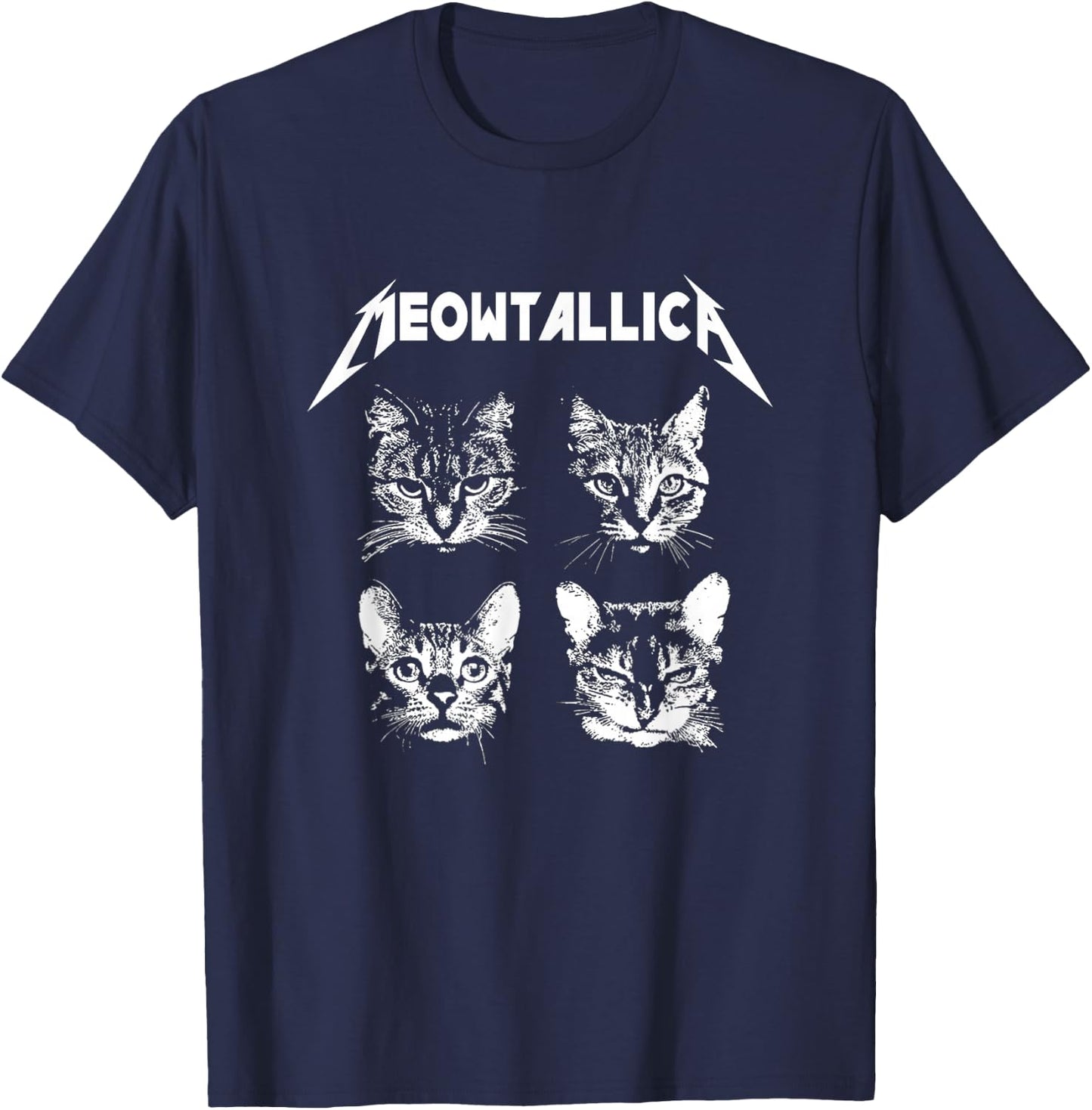 Meowtallica Black White Funny Parody Band Cat Kitten Lover T-Shirt - T-Shirt | Navy