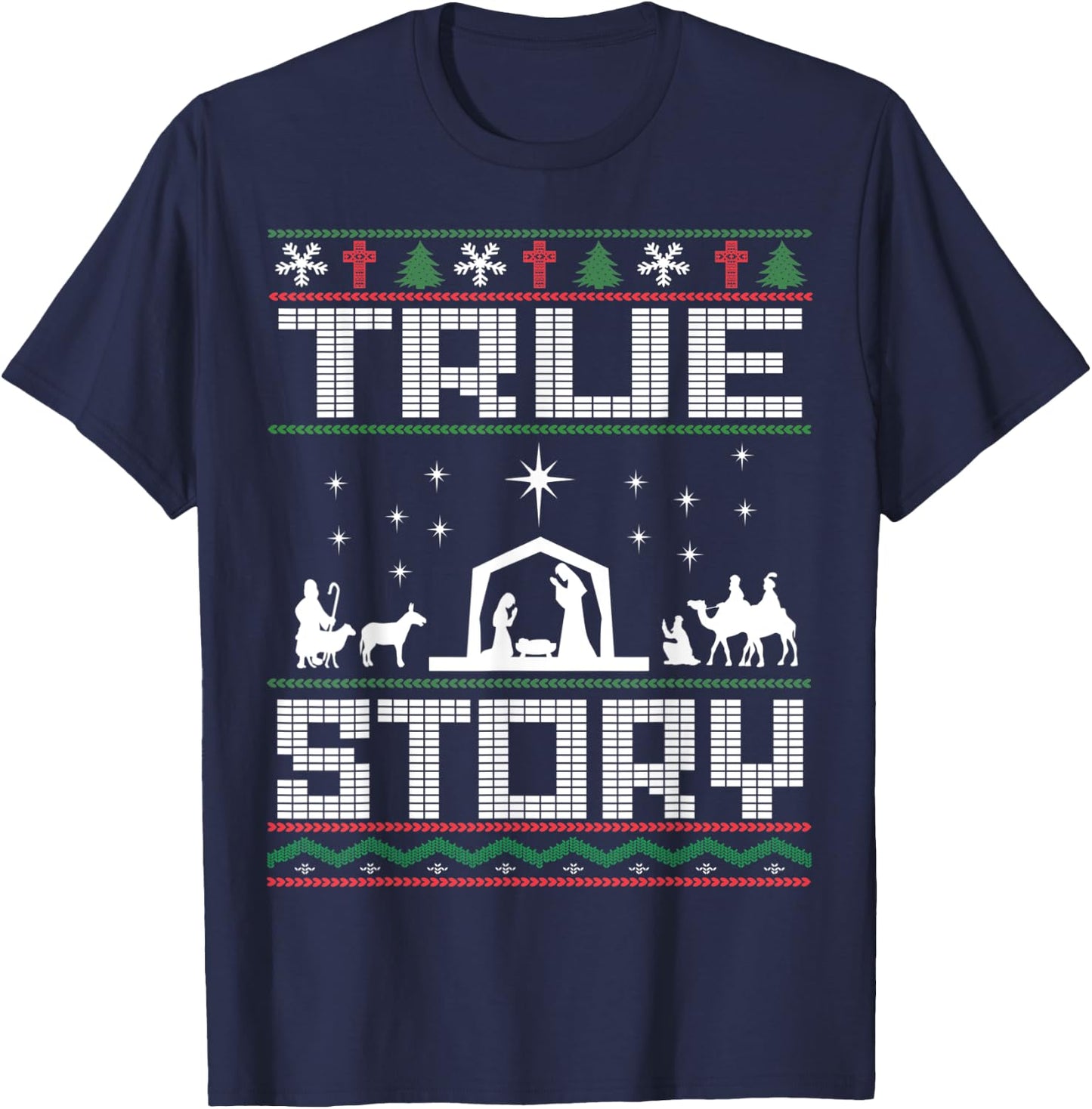 Jesus Nativity Scene Ugly Sweater Christmas Story Christian T-Shirt - T-Shirt | Navy