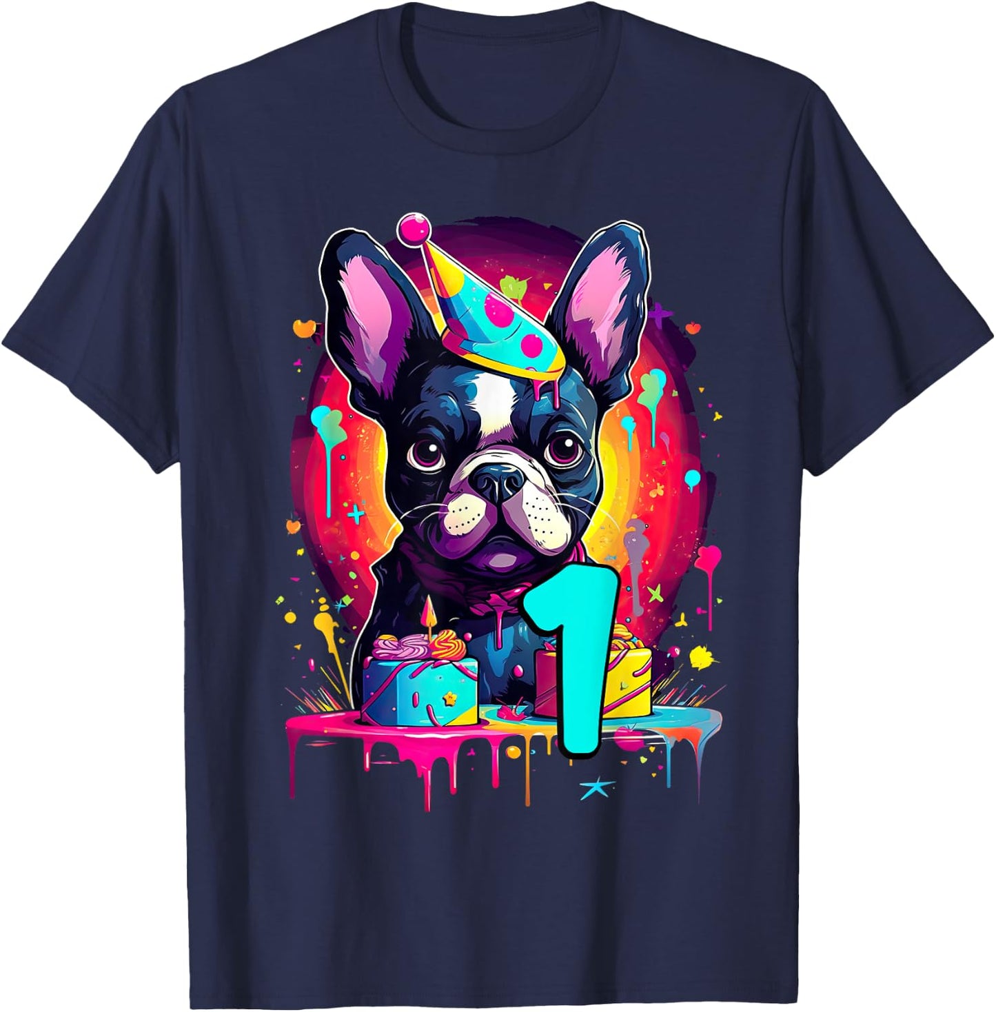 French Bulldog Dog 1st Birthday Themed Party 1 Years Old Men Women Girls Kids T-Shirt - T-Shirt | Navy