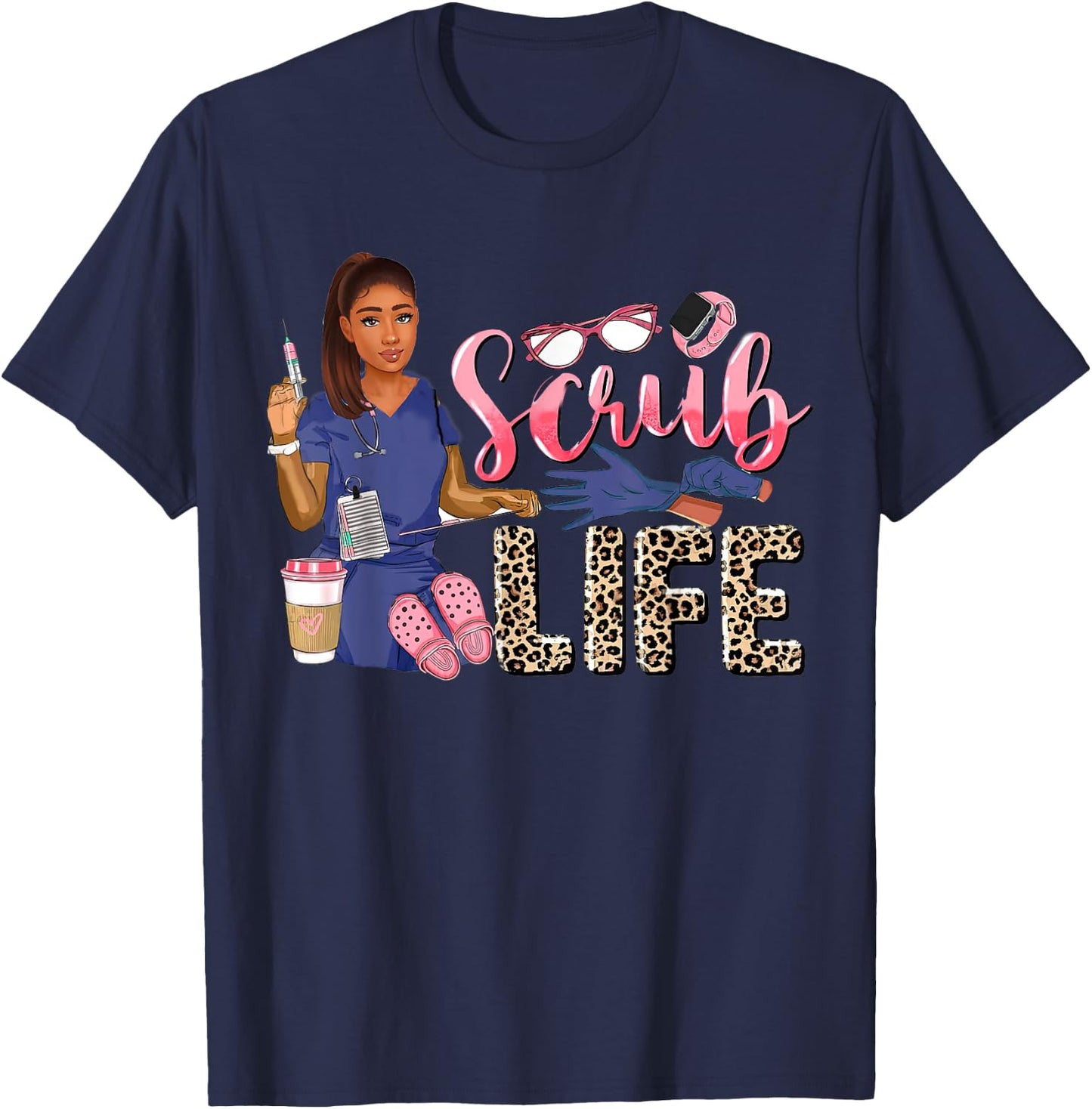 Scrub Life African American Women Leopard Nurse Clothing T-Shirt - T-Shirt | Navy
