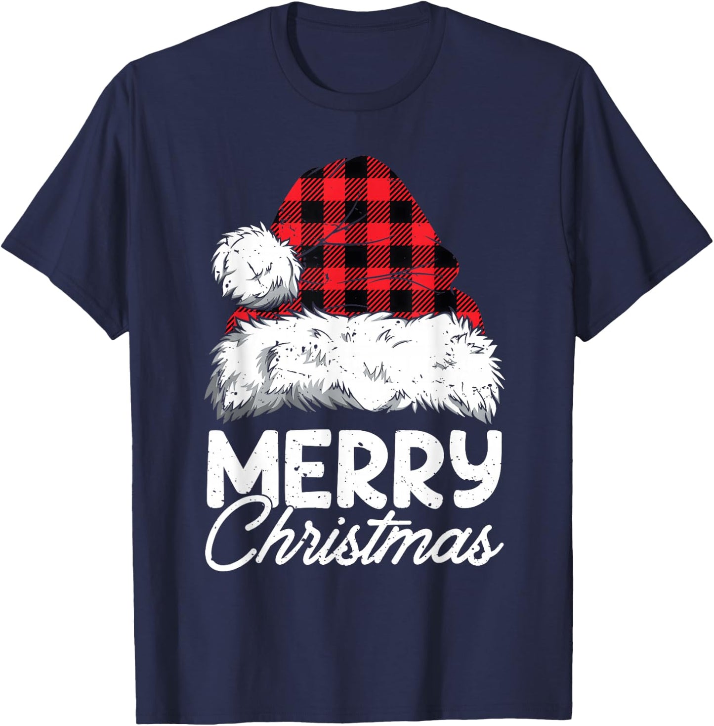 Merry Christmas Buffalo Plaid Red Santa Hat Xmas Pajamas T-Shirt - T-Shirt | Navy