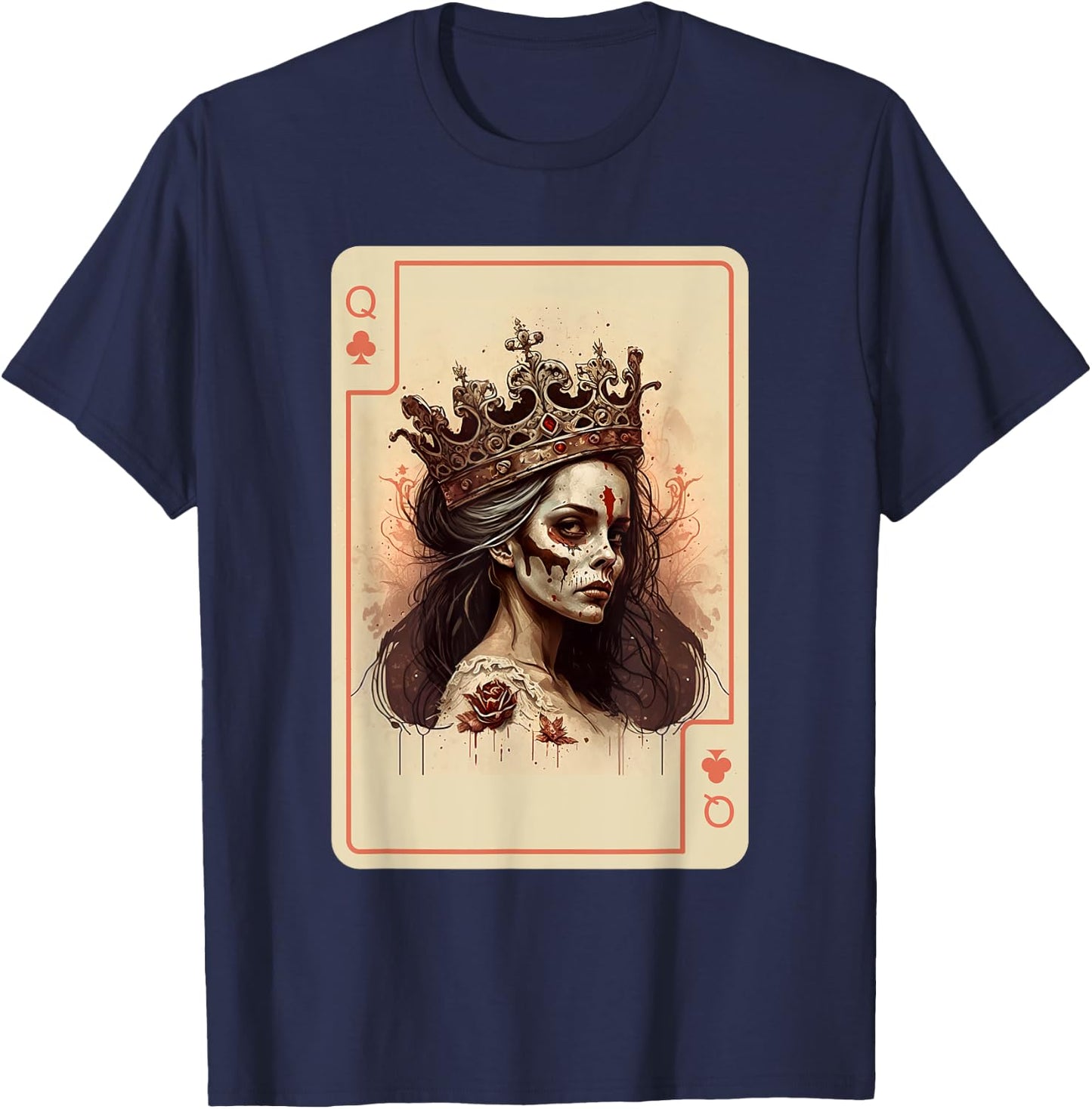 Gothic Halloween Card Game Creepy Poker Cards Queen of Clubs T-Shirt - T-Shirt | Navy