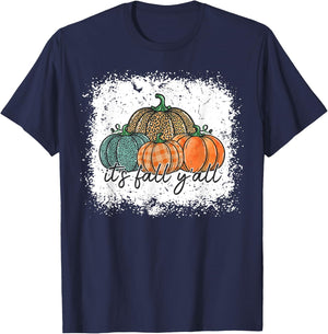 Bleached Leopard Pumpkin Autumn Its Fall Yall Thanksgiving T-Shirt - T-Shirt | Navy