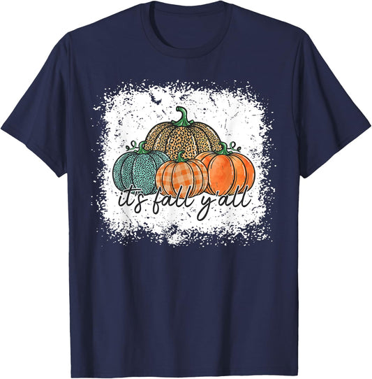 Bleached Leopard Pumpkin Autumn Its Fall Yall Thanksgiving T-Shirt - T-Shirt | Navy