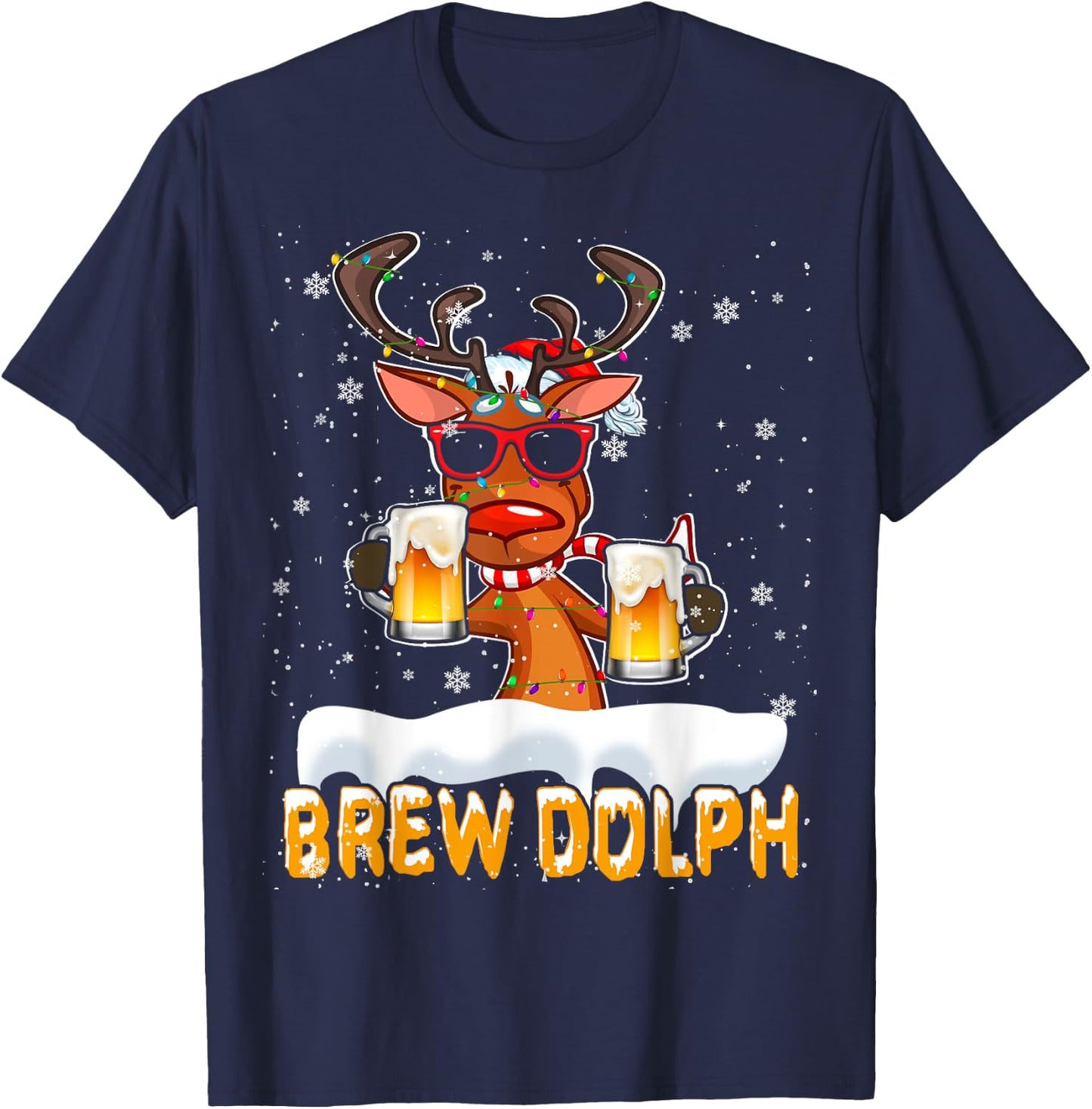 Brew Dolph Christmas Lights Santa Reindeer Beer Drinking T-Shirt - T-Shirt | Navy