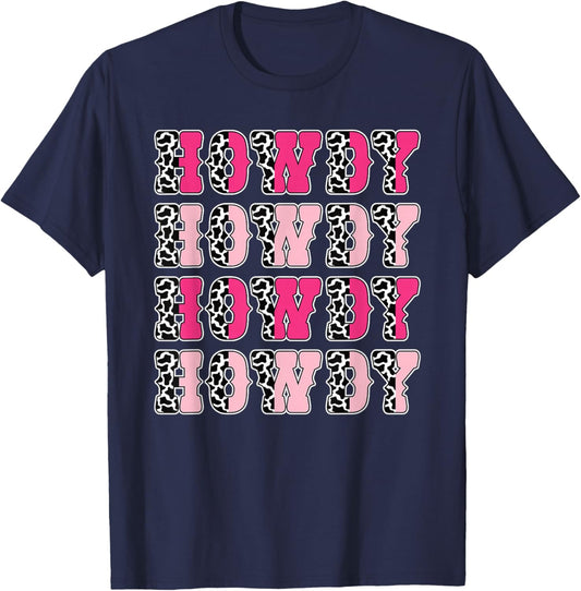 Howdy Pink Cow Print Western Cowgirl Texas Rodeo Women Girls T-Shirt - T-Shirt | Navy