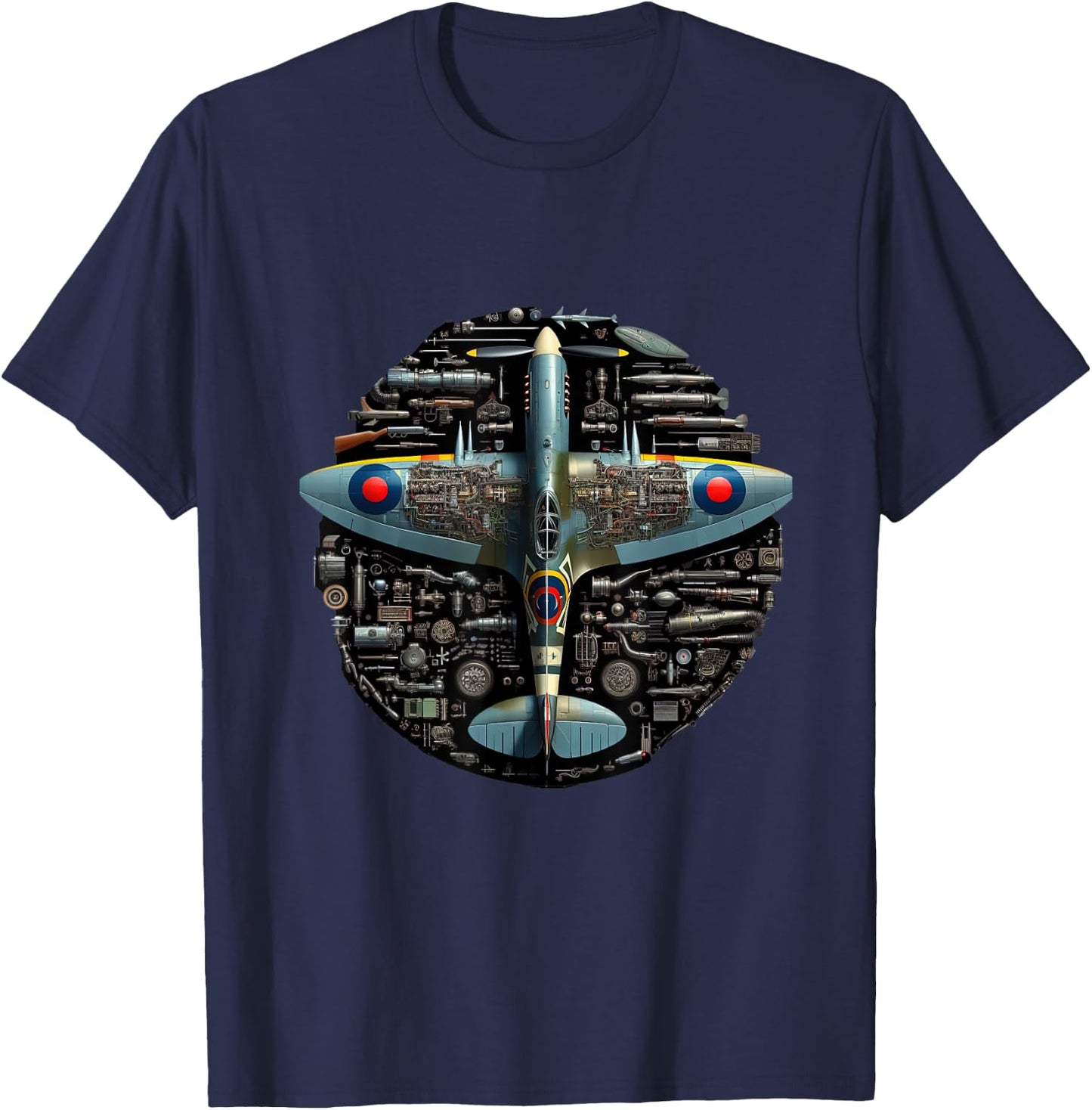WW2 Warplane Spitfire Anatomy Assembly Parts Blueprint T-Shirt - T-Shirt | Navy