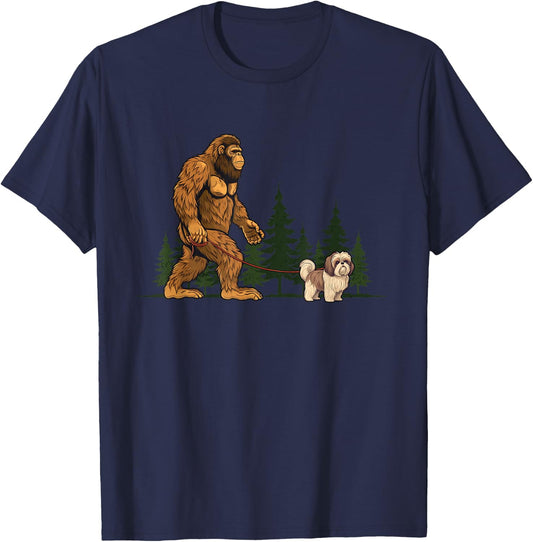 Funny Shih Tzu Bigfoot Dog Walking Mom Dad Kids T-Shirt - T-Shirt | Navy