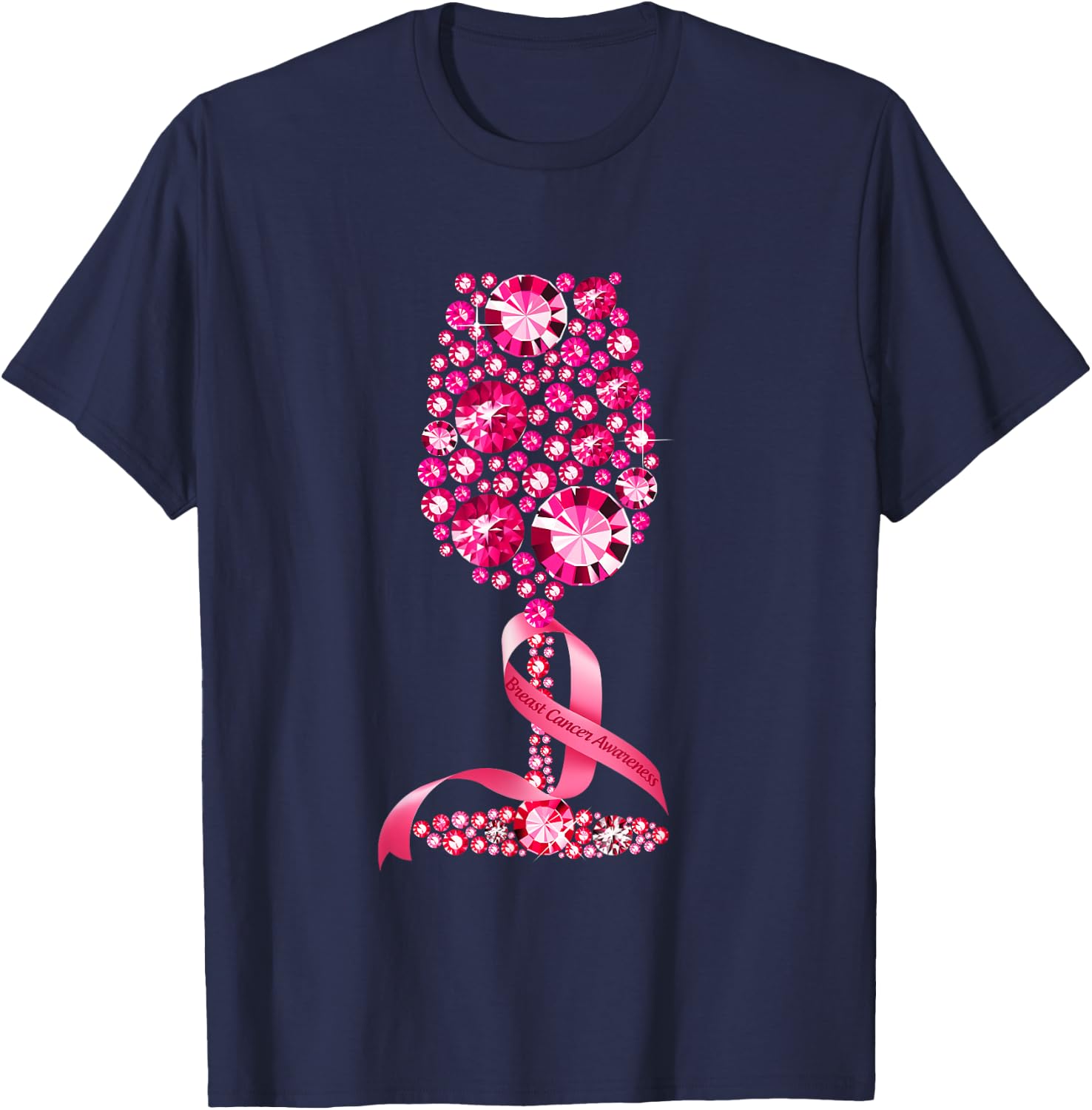 Pink Ribbon Wine Glass Breast Cancer Awareness Wine Lovers T-Shirt - T-Shirt | Navy