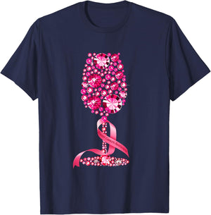 Pink Ribbon Wine Glass Breast Cancer Awareness Wine Lovers T-Shirt - T-Shirt | Navy