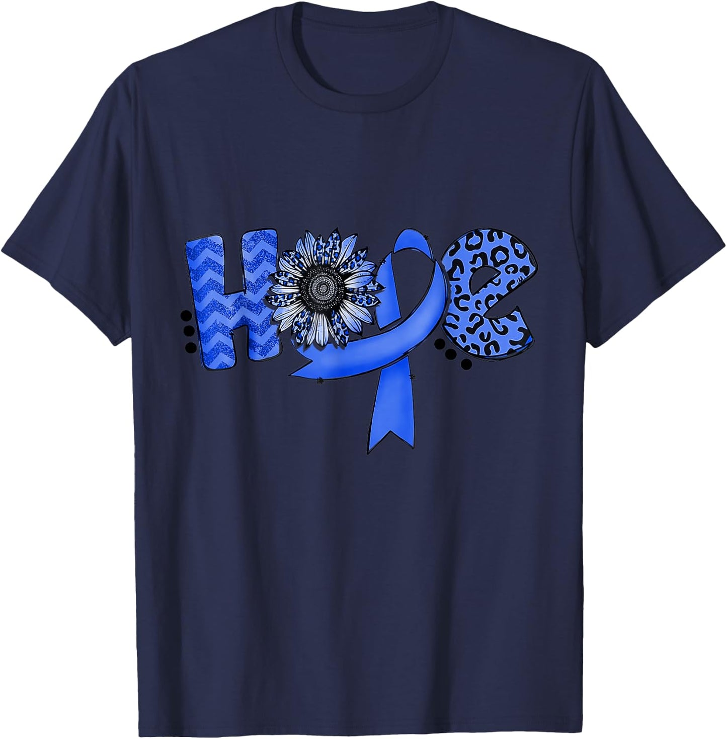 Hope Blue Ribbon Sunflower Colorectal Colon Cancer Awareness T-Shirt - T-Shirt | Navy