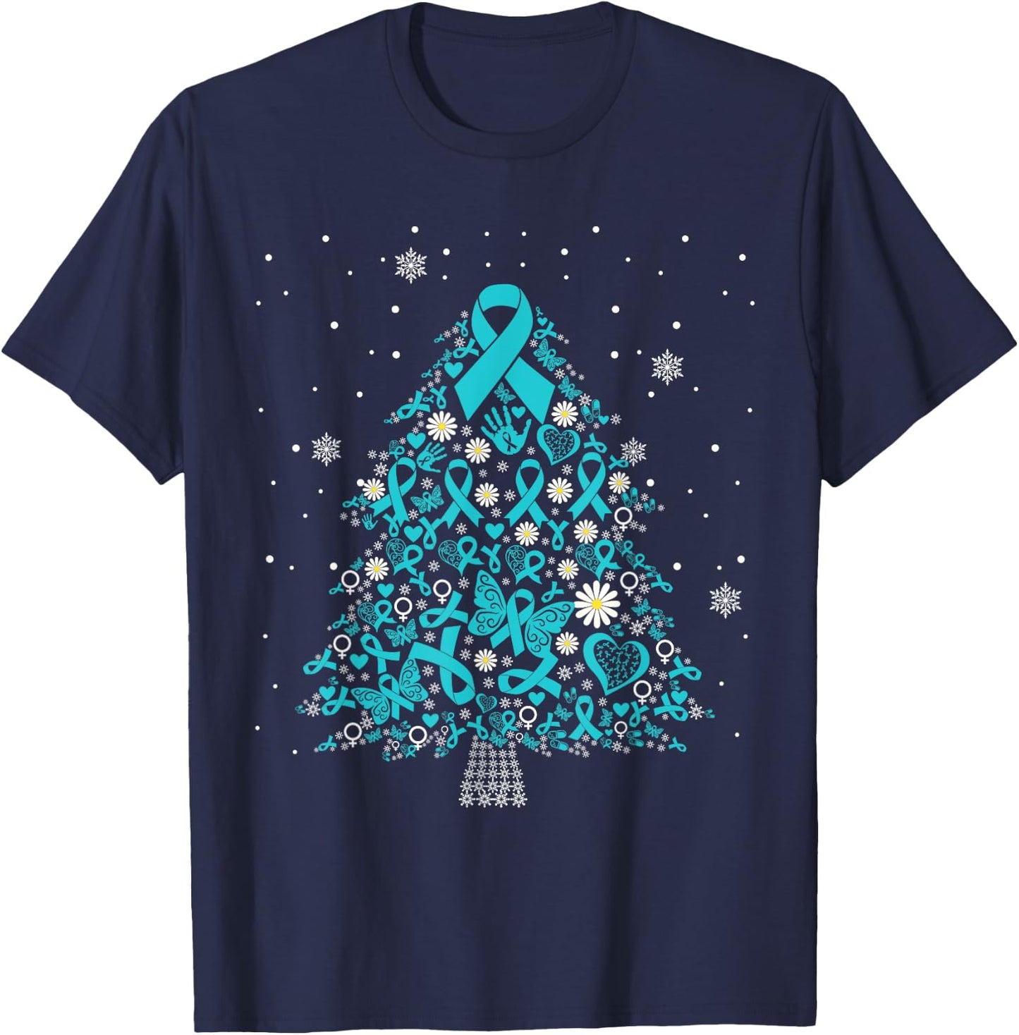 ovarian cancer awareness Christmas tree teal ribbon T-Shirt - T-Shirt | Navy