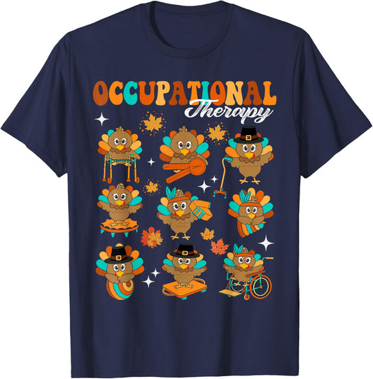 Turkey Occupational Therapy OT Therapist Groovy Thanksgiving T-Shirt - T-Shirt | Navy