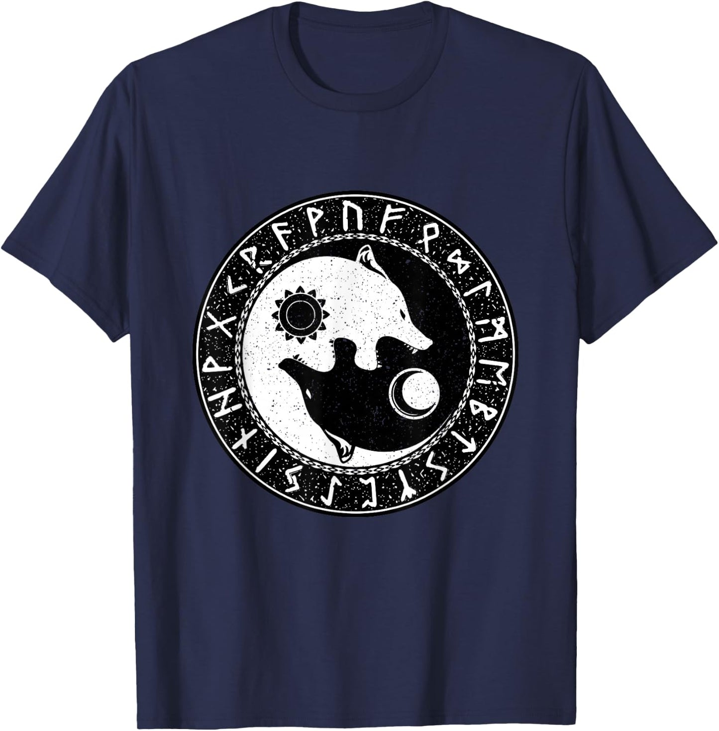 Vintage Norse Mythology Ragnarok Skoll And Hati Viking Wolf T-Shirt - T-Shirt | Navy
