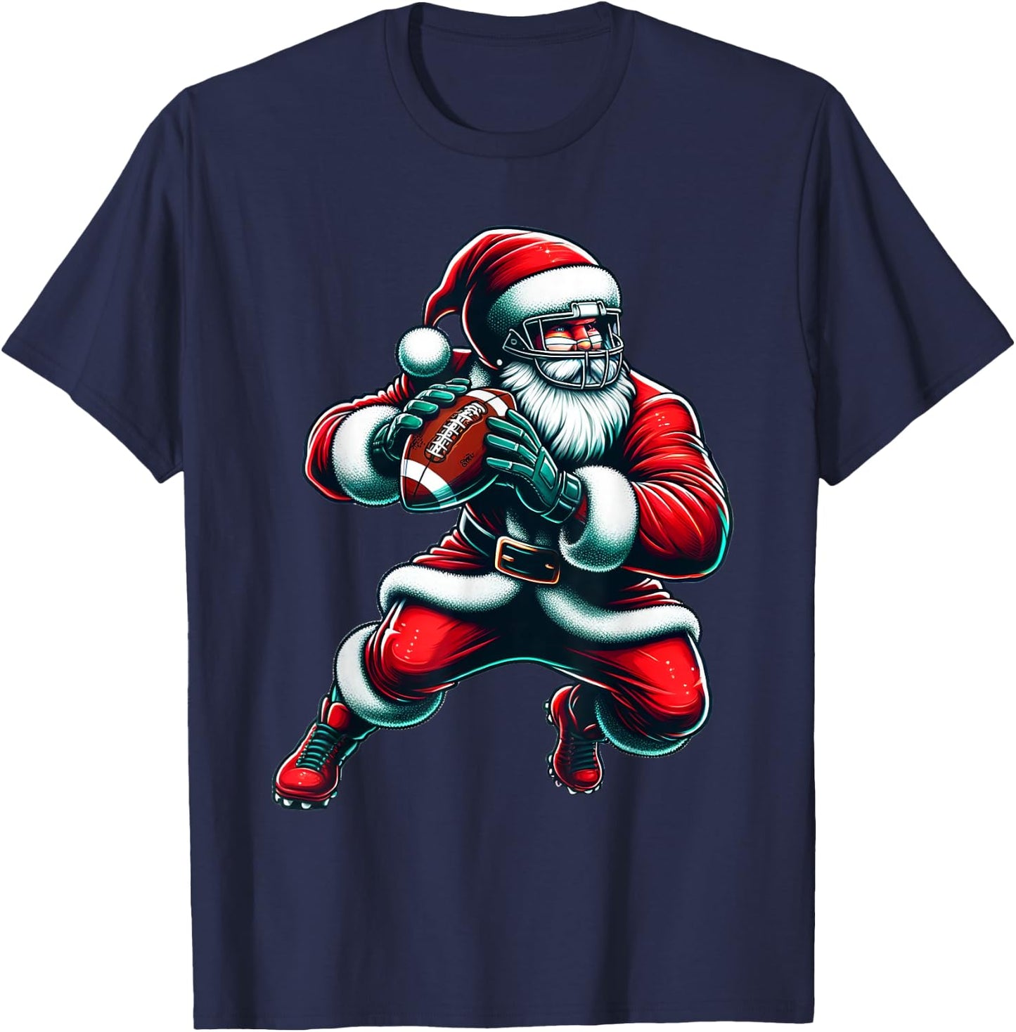 Santa Playing American Football Christmas Women Men Kids T-Shirt - T-Shirt | Navy