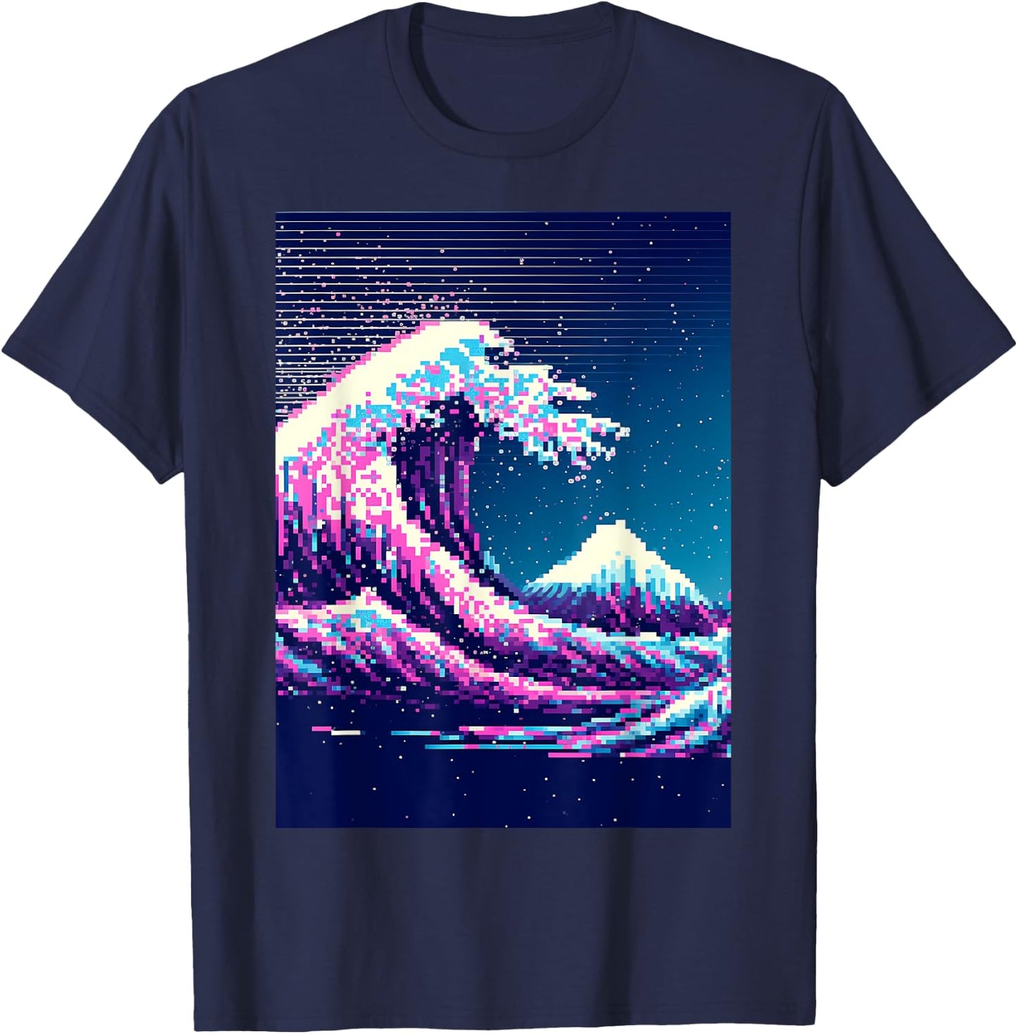 Vaporwave Glitch Aesthetic Great Wave off Kanagawa Retro T-Shirt - T-Shirt | Navy