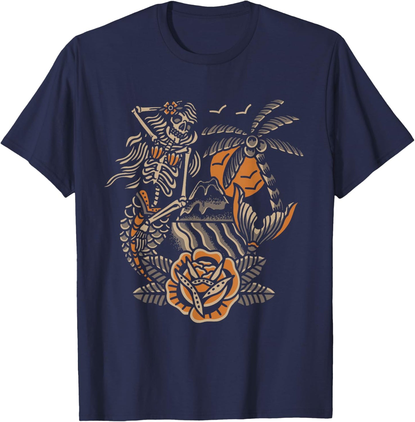 Mermaid Skeleton Traditional Tattoo Old School Tattoo Flash T-Shirt - T-Shirt | Navy