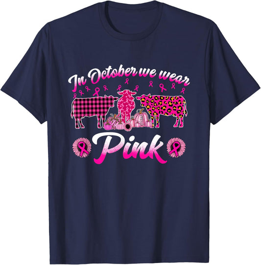 In October We Wear Pink Cow Pumpkin Breast Cancer T-Shirt - T-Shirt | Navy