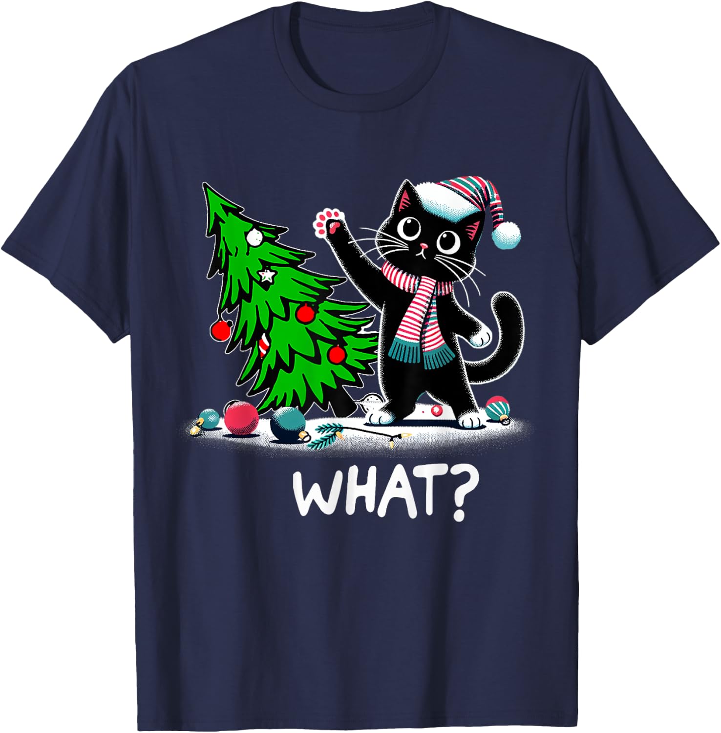 Black Cats Lovers Funny Black Cat Christmas Tree Lights What Men Women Kids T-Shirt - T-Shirt | Navy