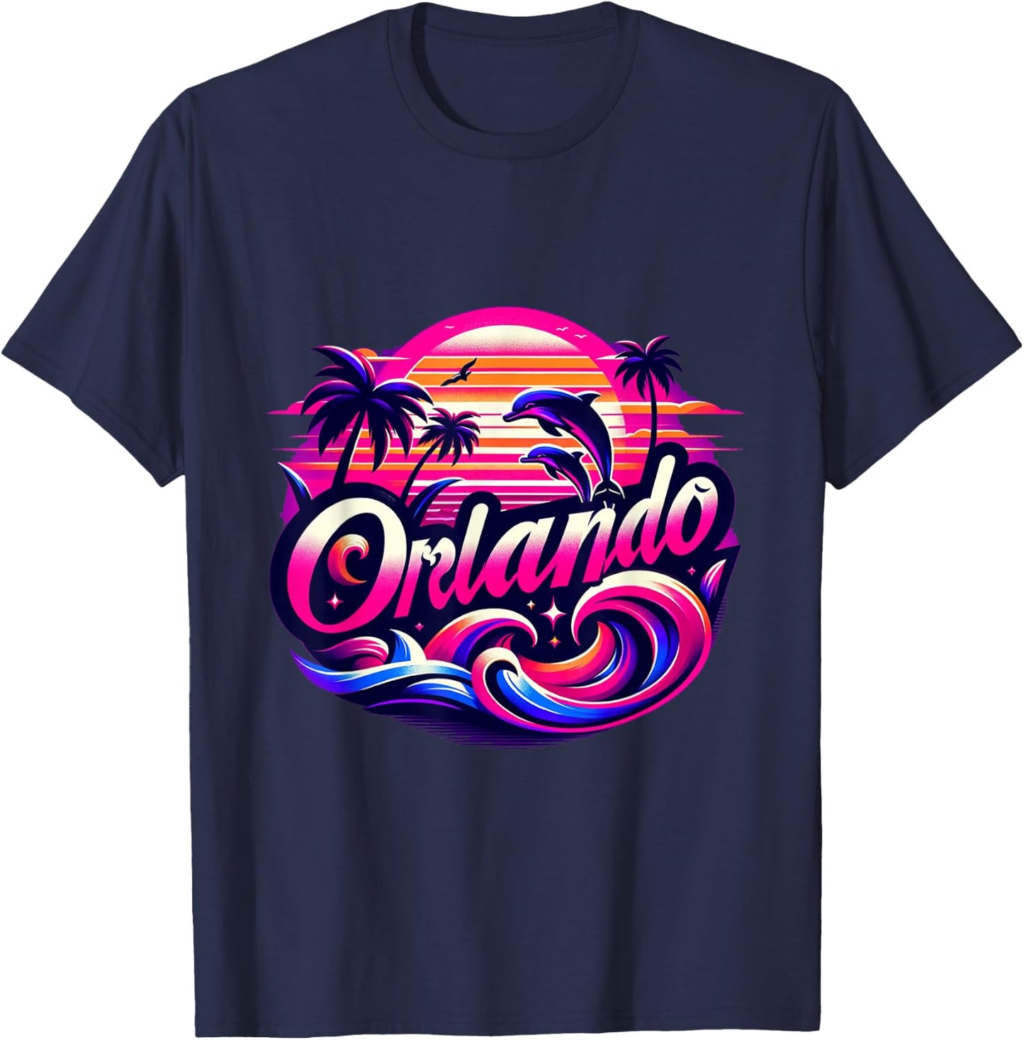 Orlando Beach, Florida with dolphins and palm trees. T-Shirt - T-Shirt | Navy