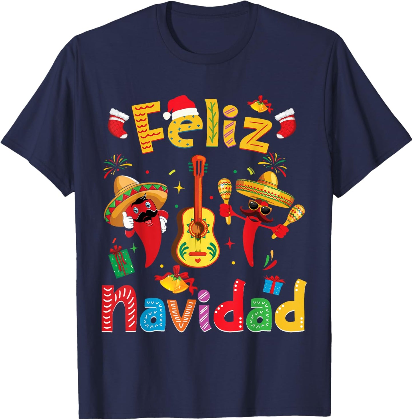 Feliz Navidad Mexican Fiesta Hot Pepper Guitar Xmas Party T-Shirt - T-Shirt | Navy