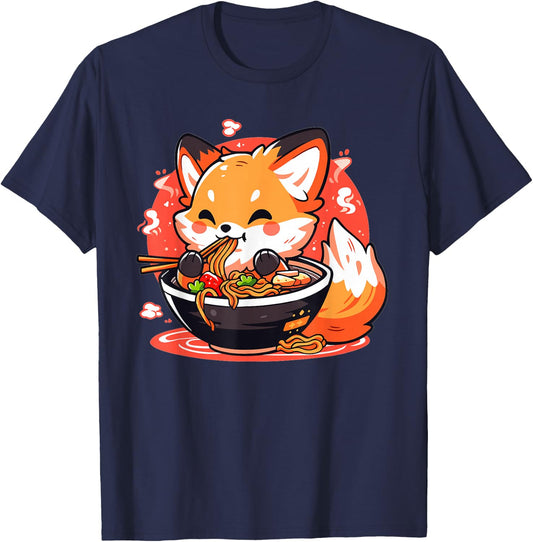 Fox Eating Ramen Cute Kawaii Japanese Anime Girls Teens Kids T-Shirt - T-Shirt | Navy