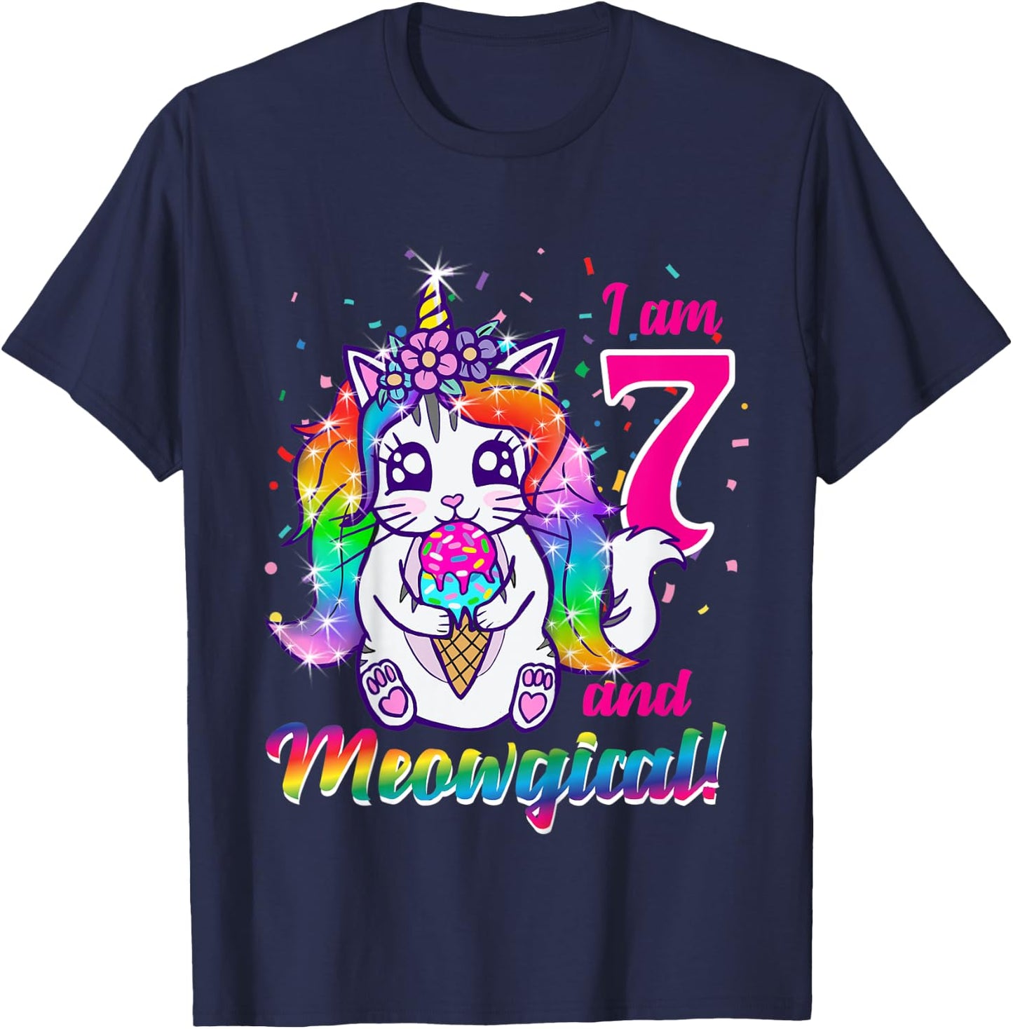 Kids I am 7 and meowgical caticorn kittycorn birthday theme party T-Shirt - T-Shirt | Navy